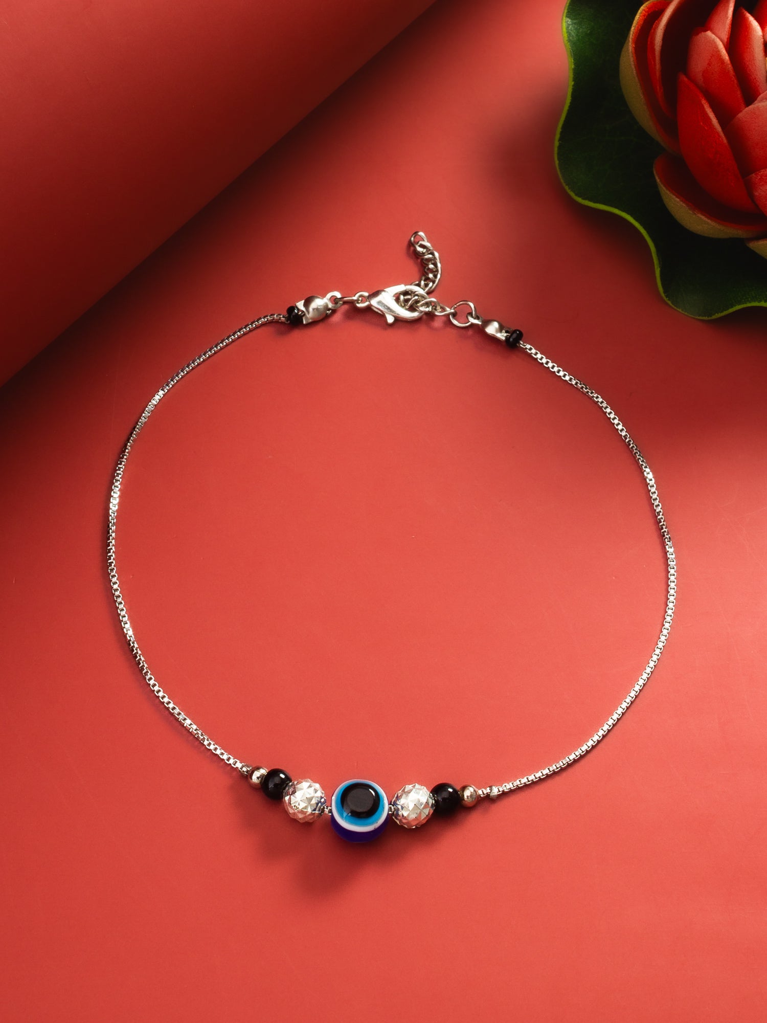 Evil Eye Textured Silver Bead Anklet – View 3 | Aadita Jewelry