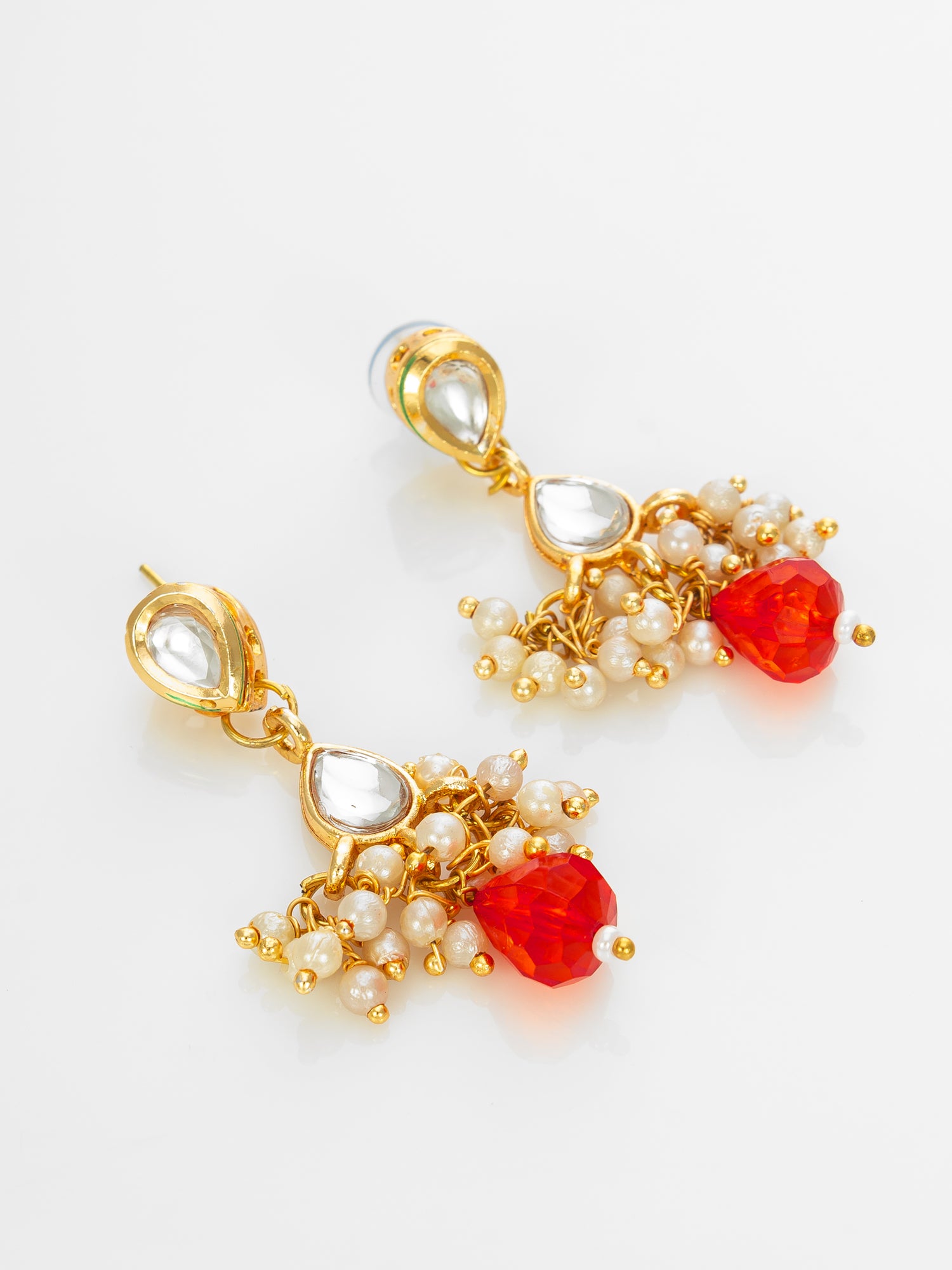 Gold Plated Multistrand Beaded Necklace Set with Kundan and Red Drop Stones – View 2 | Aadita Jewelry