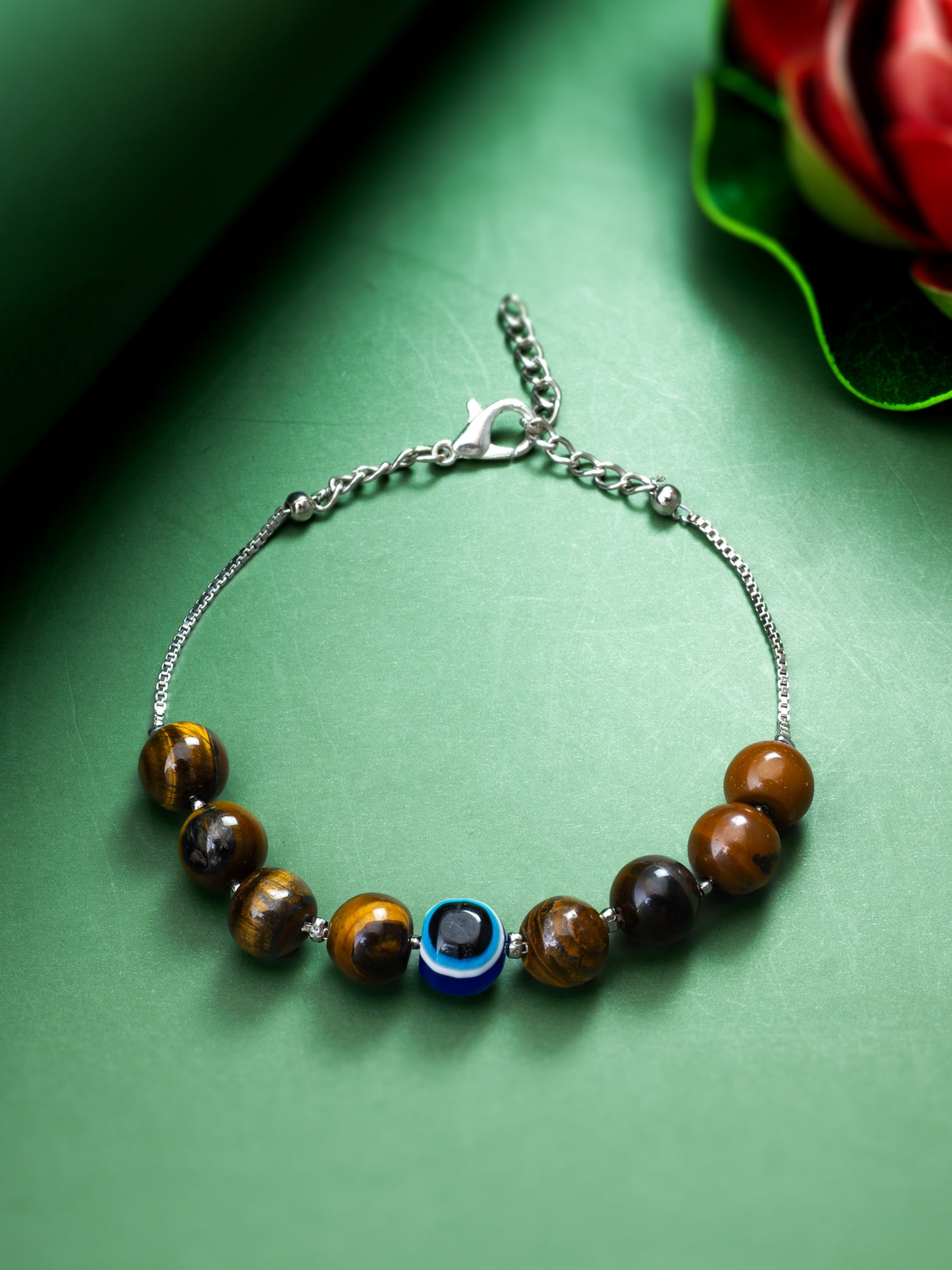 Beaded Bracelet with Evil Eye Bead and Silver Box Chain – View 3 | Aadita Jewelry