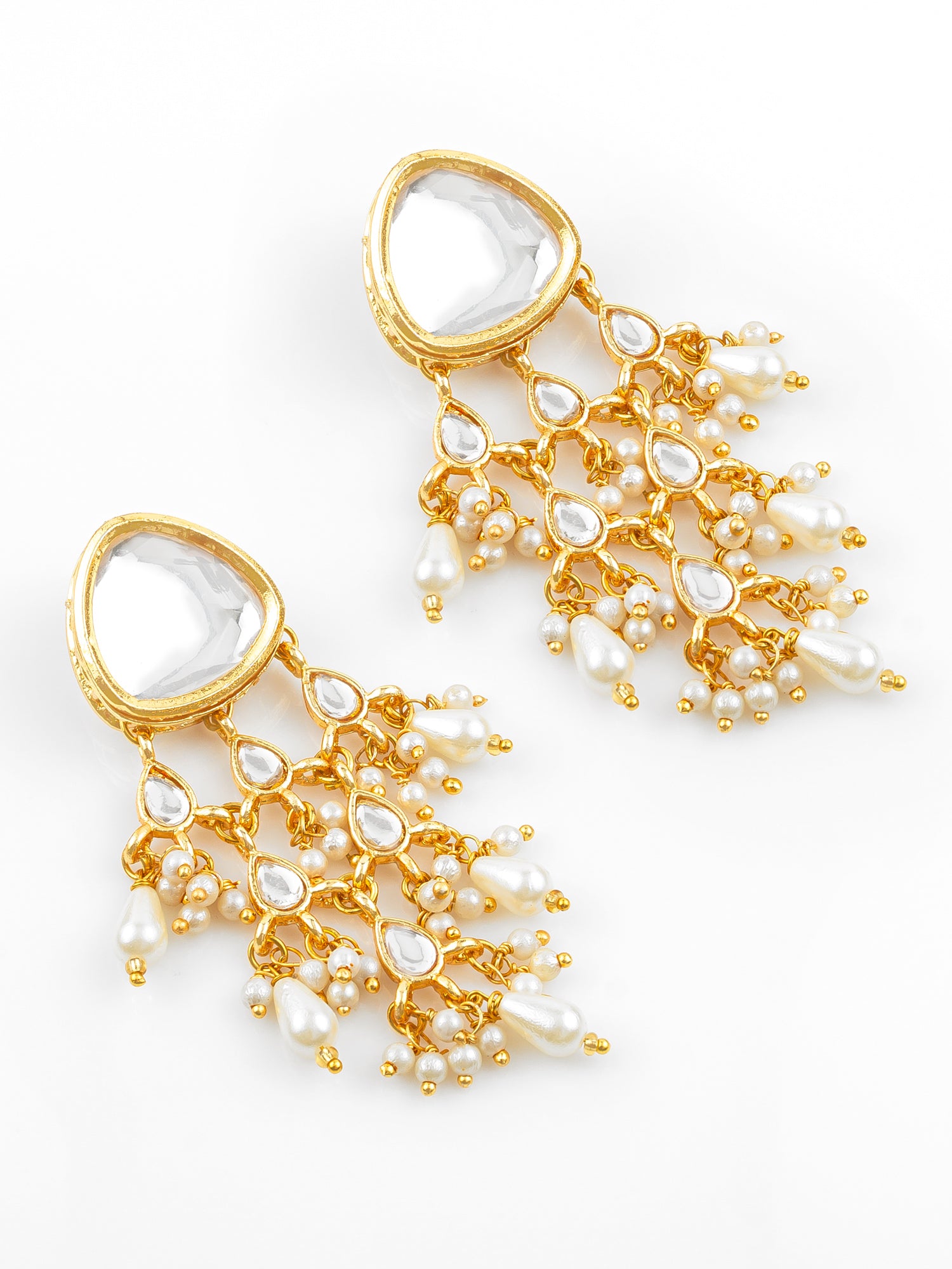 Gold Plated White Kundan Chandbali Earrings with Pearl Drops for Traditional Wear – View 2 | Aadita Jewelry