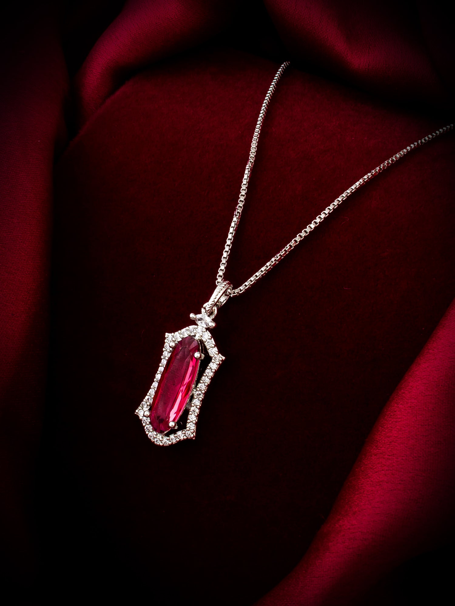 Silver-Plated Red Stone Designer Pendant Chain for Women & Girls – View 3 | Aadita Jewelry