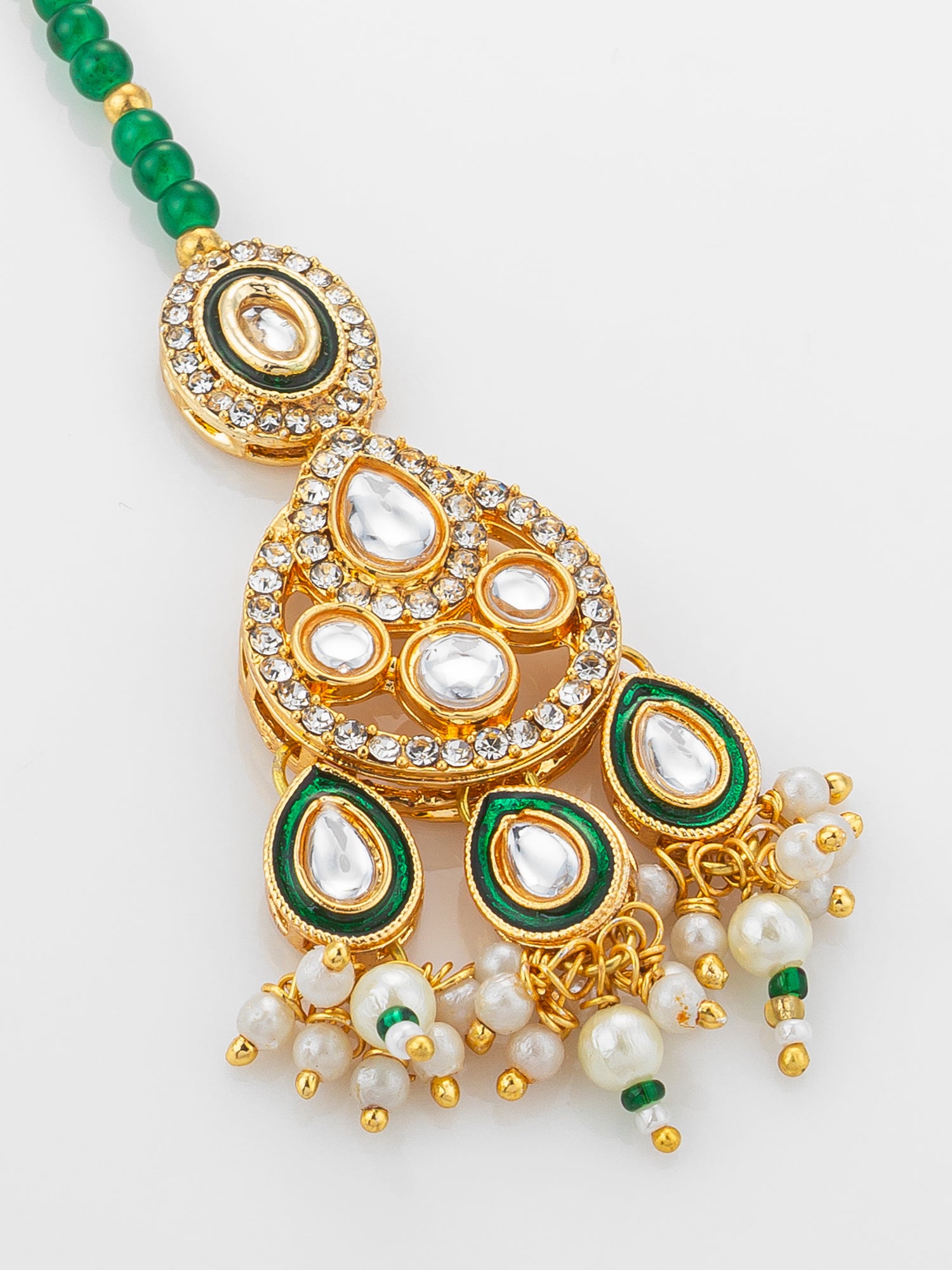 Aadita Gold Plated Kundan Chandbali-Style Mangtika with Green Bead Chain and Pearl Drops – View 3 | Aadita Jewelry