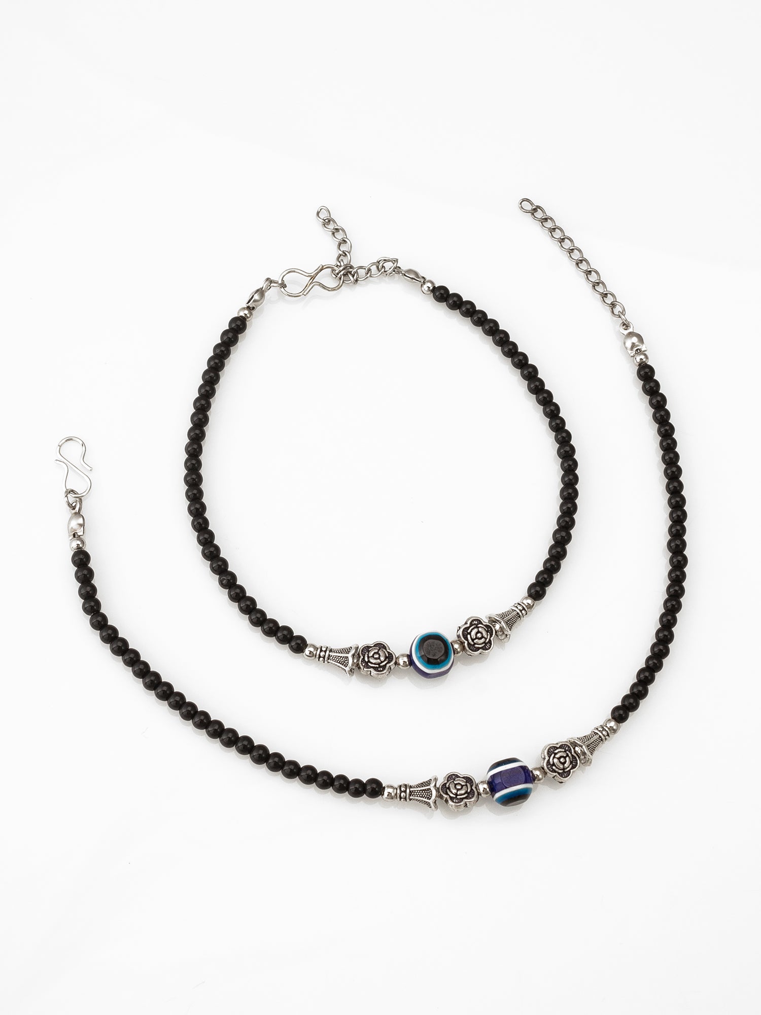 Black Round Bead and Oxidized Floral Charms Anklet – View 2 | Aadita Jewelry