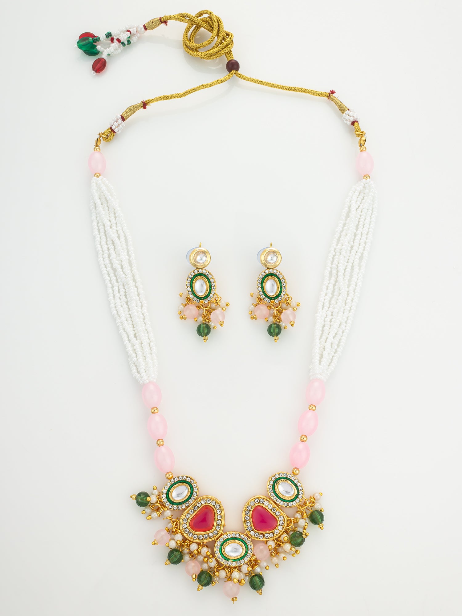 Gold Plated Kundan and Pink Stone Multi-Strand Pearl Necklace Set | Aadita Jewelry