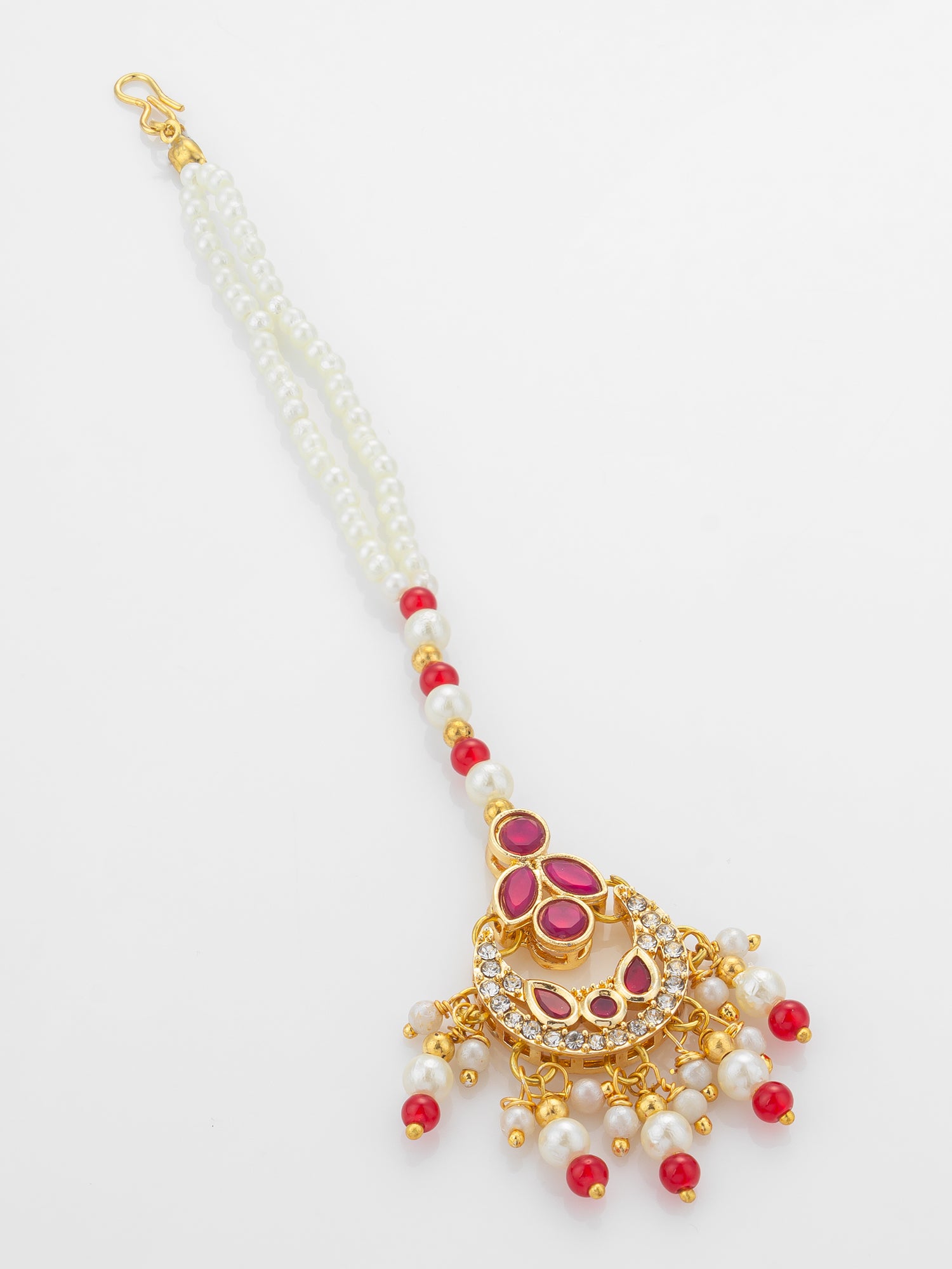 Aadita Gold Plated Ruby Stone Flower Pendant Mangtika with Pearl and Red Bead Chain – View 2 | Aadita Jewelry