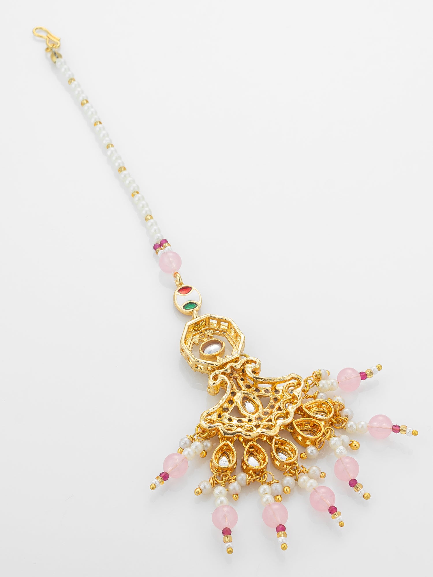 Aadita Gold Plated Kundan Mangtika with Pink Bead Chain and Rose Quartz-Toned Drops – View 4 | Aadita Jewelry