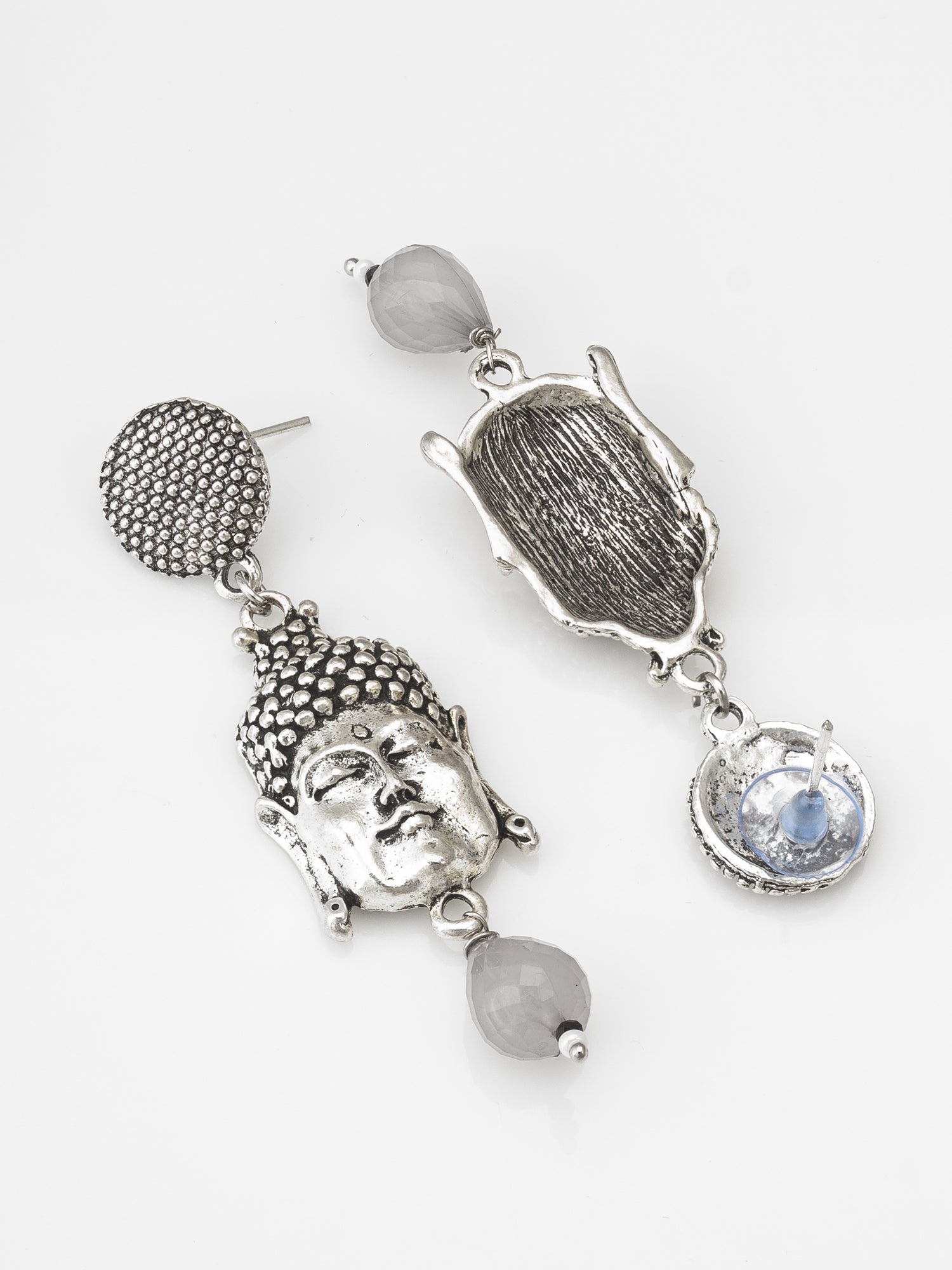 Oxidized Silver Buddha Face Drop Earrings with Grey Stone Pendant – View 2 | Aadita Jewelry