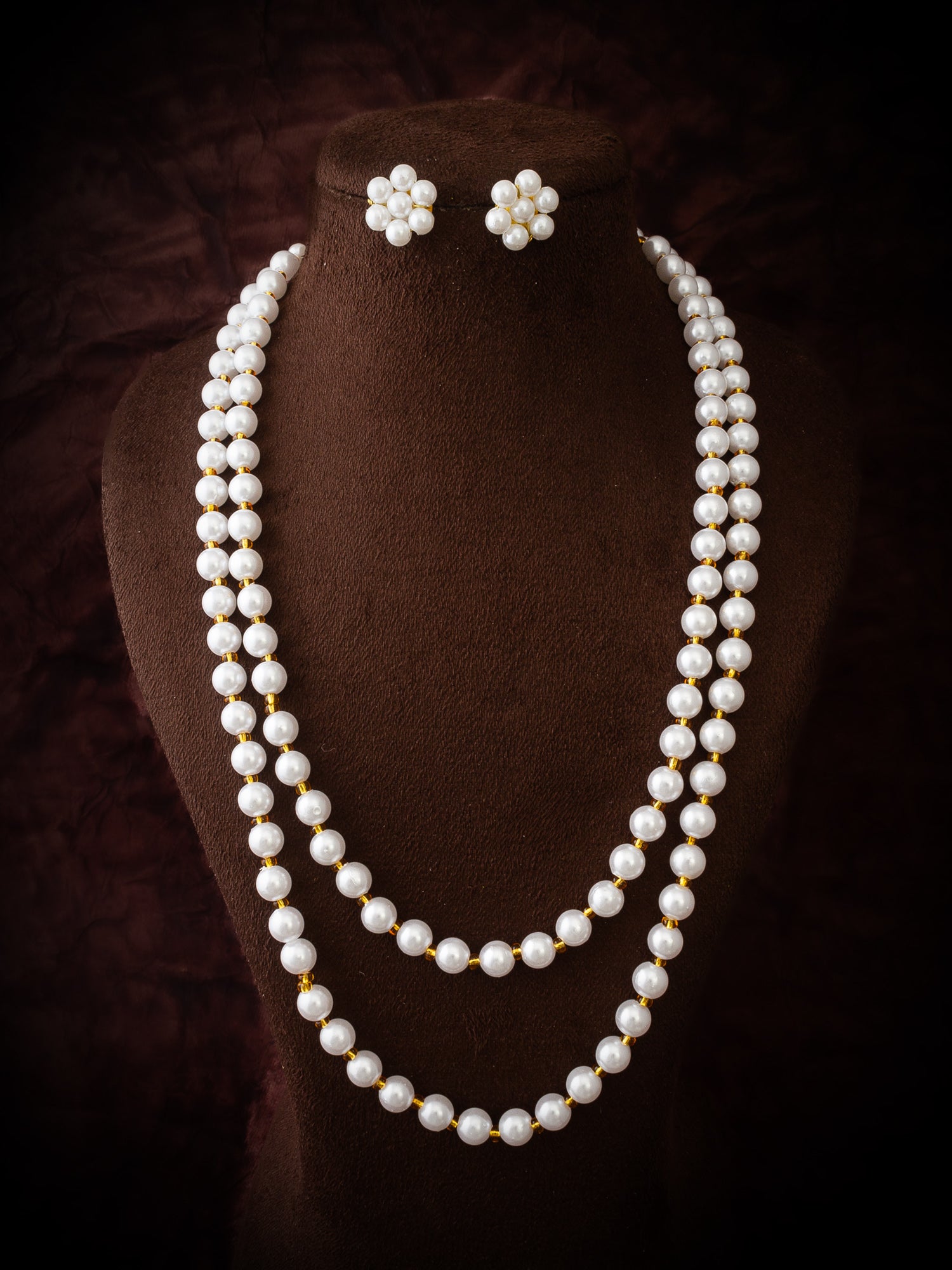 White & Gold Pearl Beaded Double Layer Necklace Set – View 4 | Aadita Jewelry