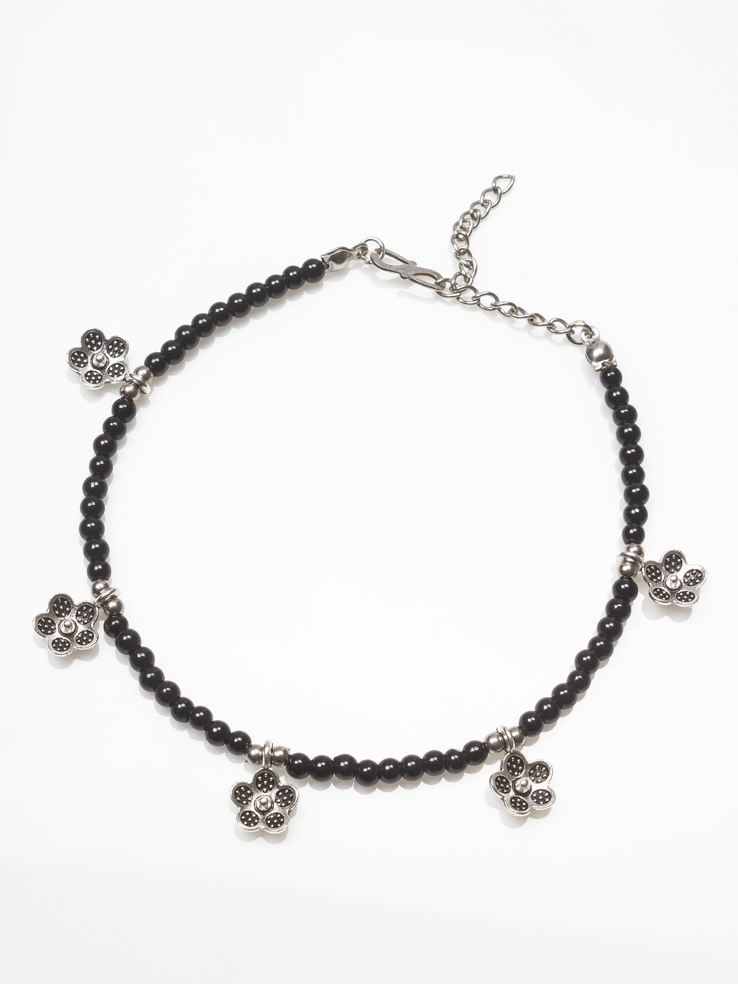 Black Beaded Oxidized Silver Floral Charm Anklet | Aadita Jewelry