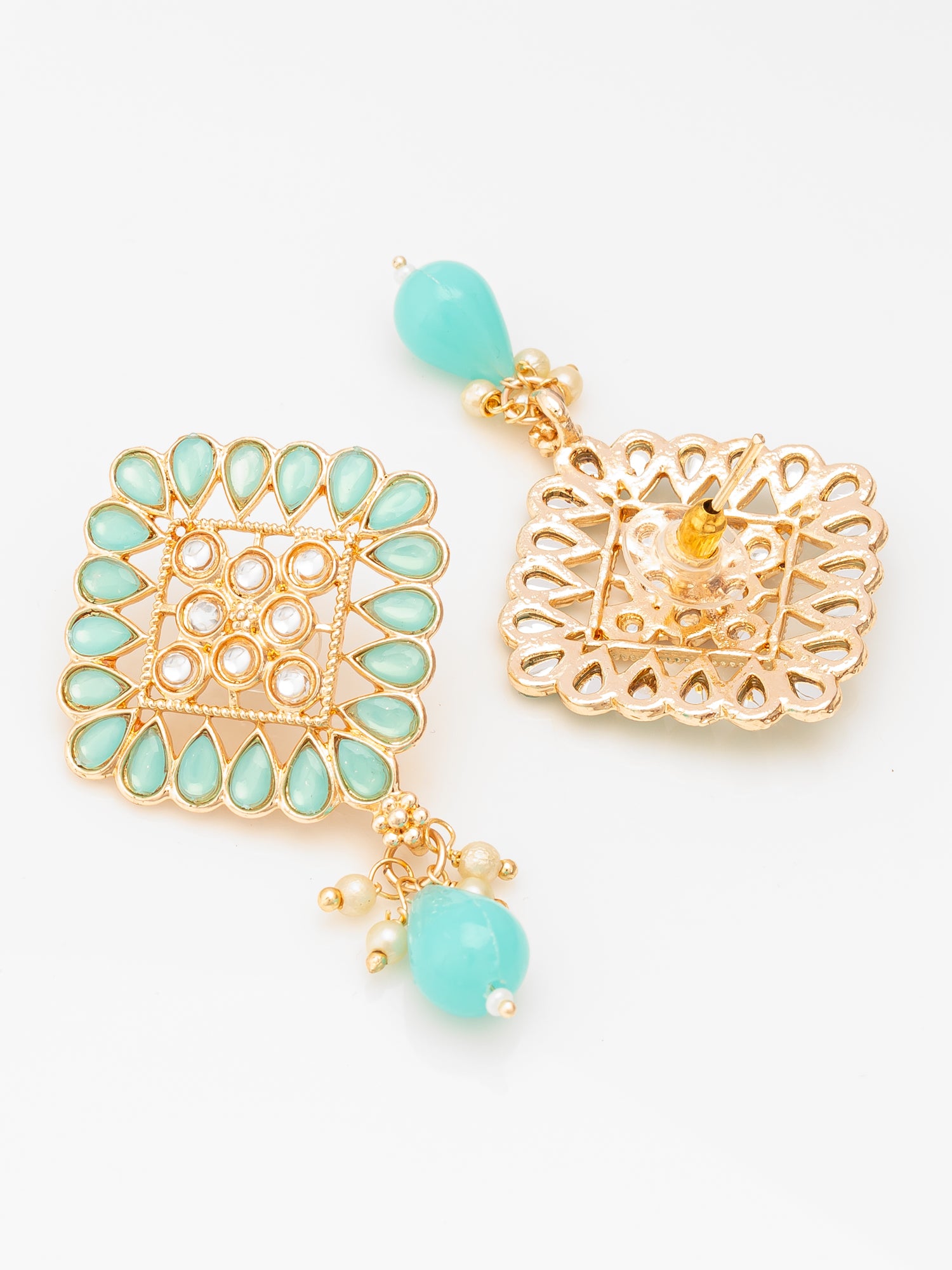 Aadita Gold Plated Mint Green Geometric Stud Drop Earrings – View 3 | Aadita Jewelry