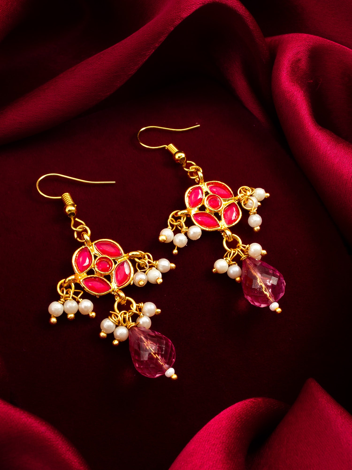 Gold-Toned Floral Earrings with Pearl Dangles and Pink Crystal Drop – View 4 | Aadita Jewelry