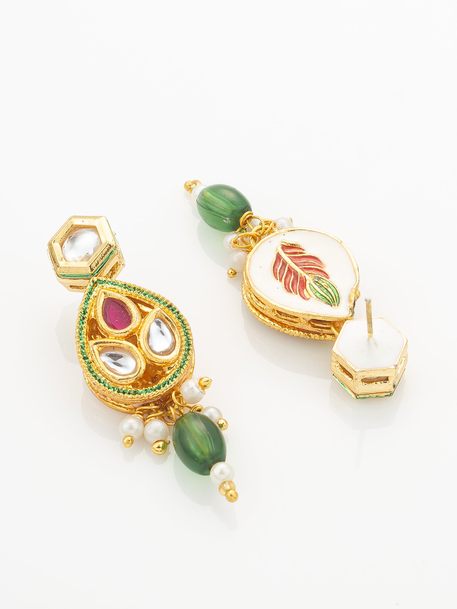Aadita Green Meenakari Long Necklace Set with Oval Pendant and Teardrop Earrings – View 3 | Aadita Jewelry
