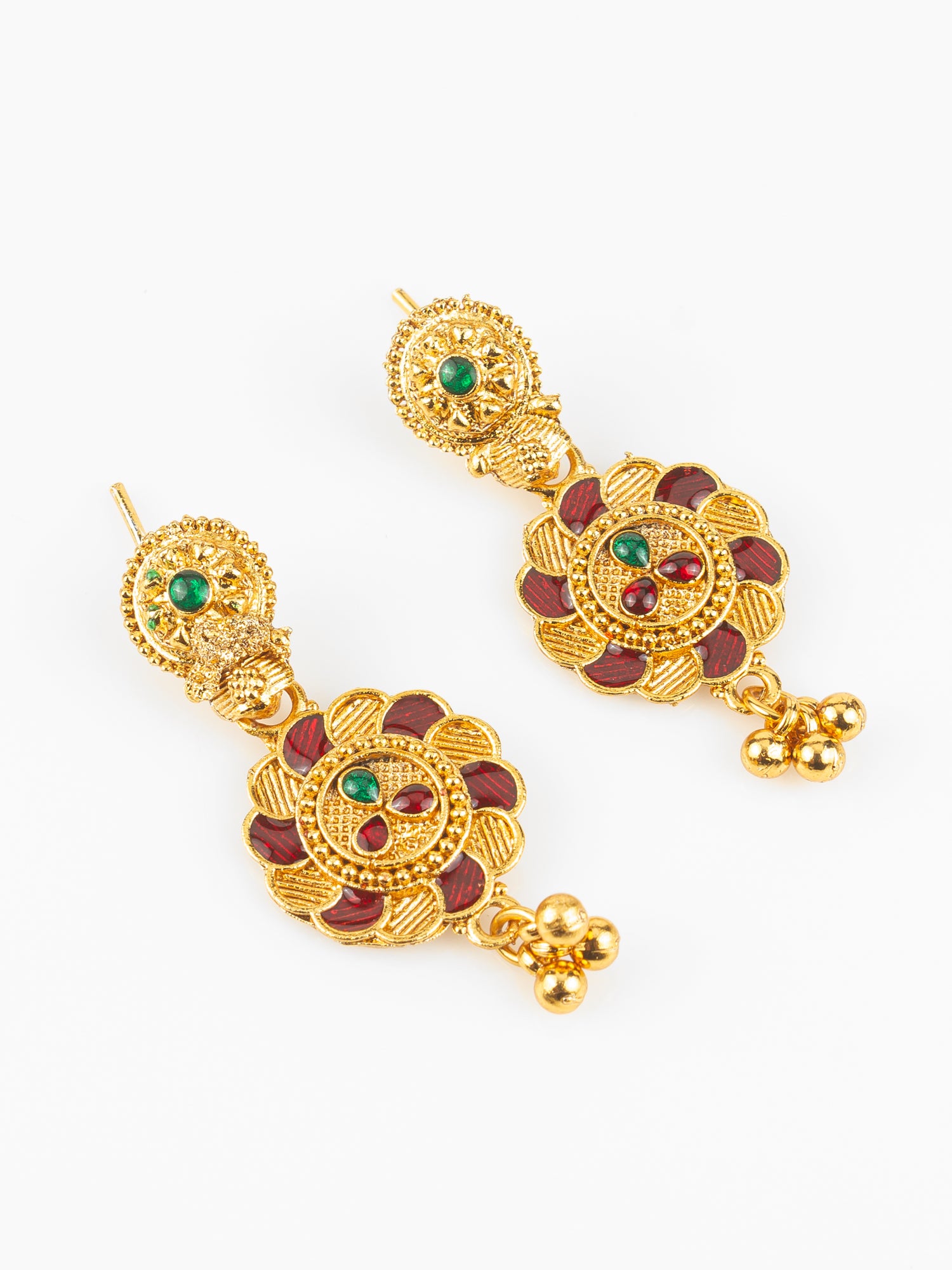 Gold Plated Traditional South Indian Long Necklace Set with Kemp Stones for Women – View 2 | Aadita Jewelry