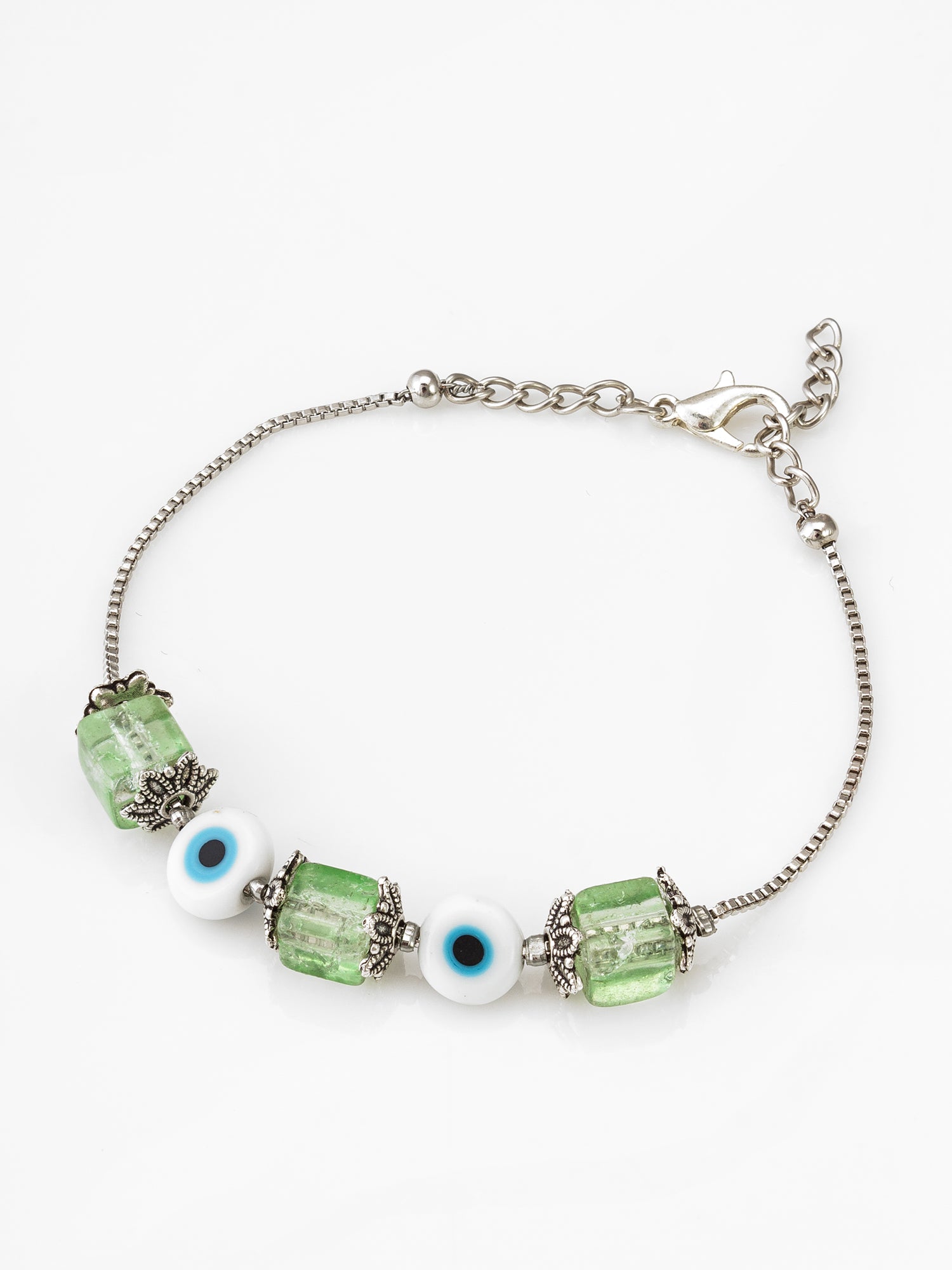 Green Crackle Glass & Evil Eye Bead Bracelet with Floral Cap Accents | Aadita Jewelry