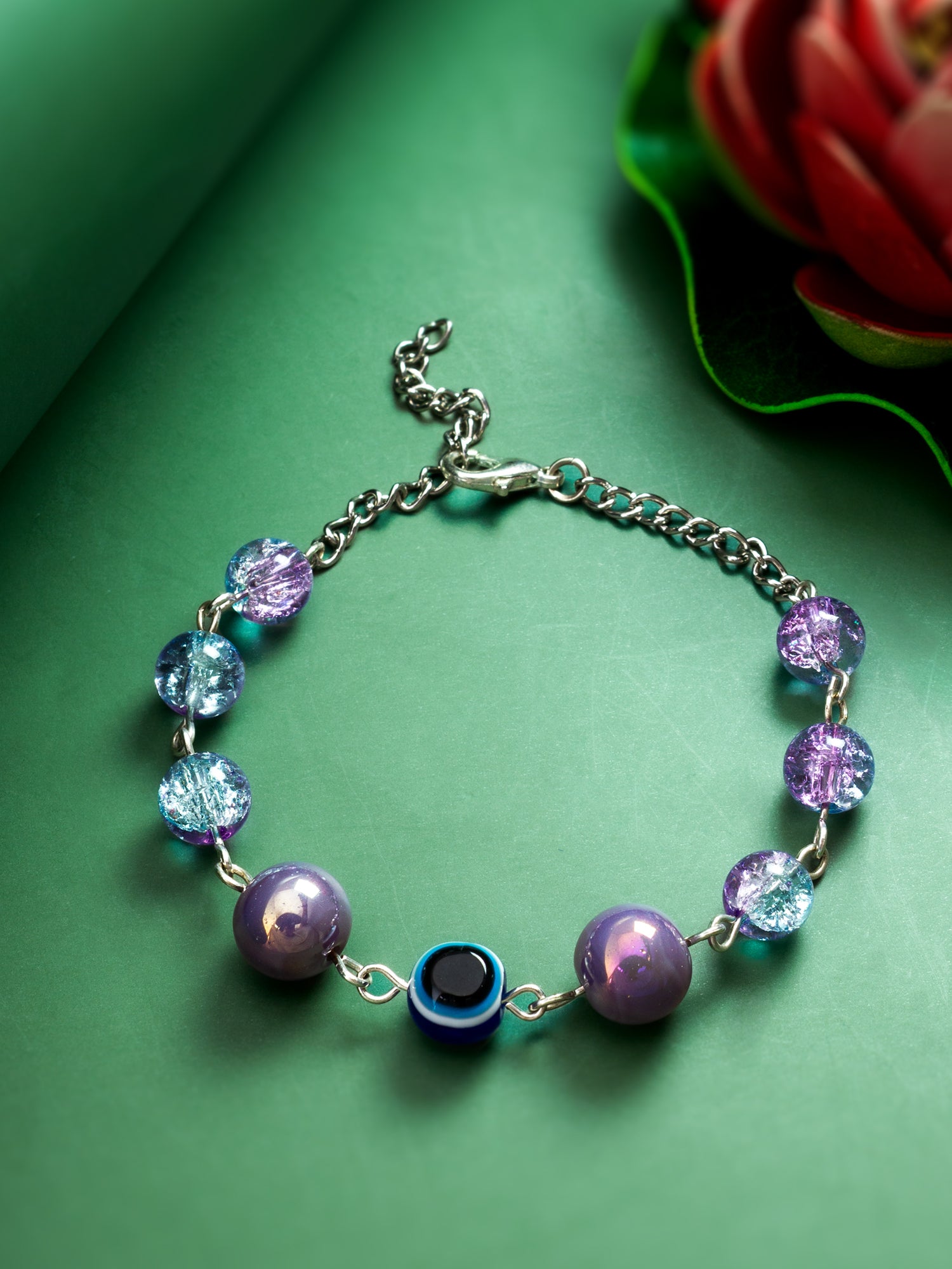 Purple Crackle Glass Bead Bracelet with Evil Eye Accent – View 3 | Aadita Jewelry