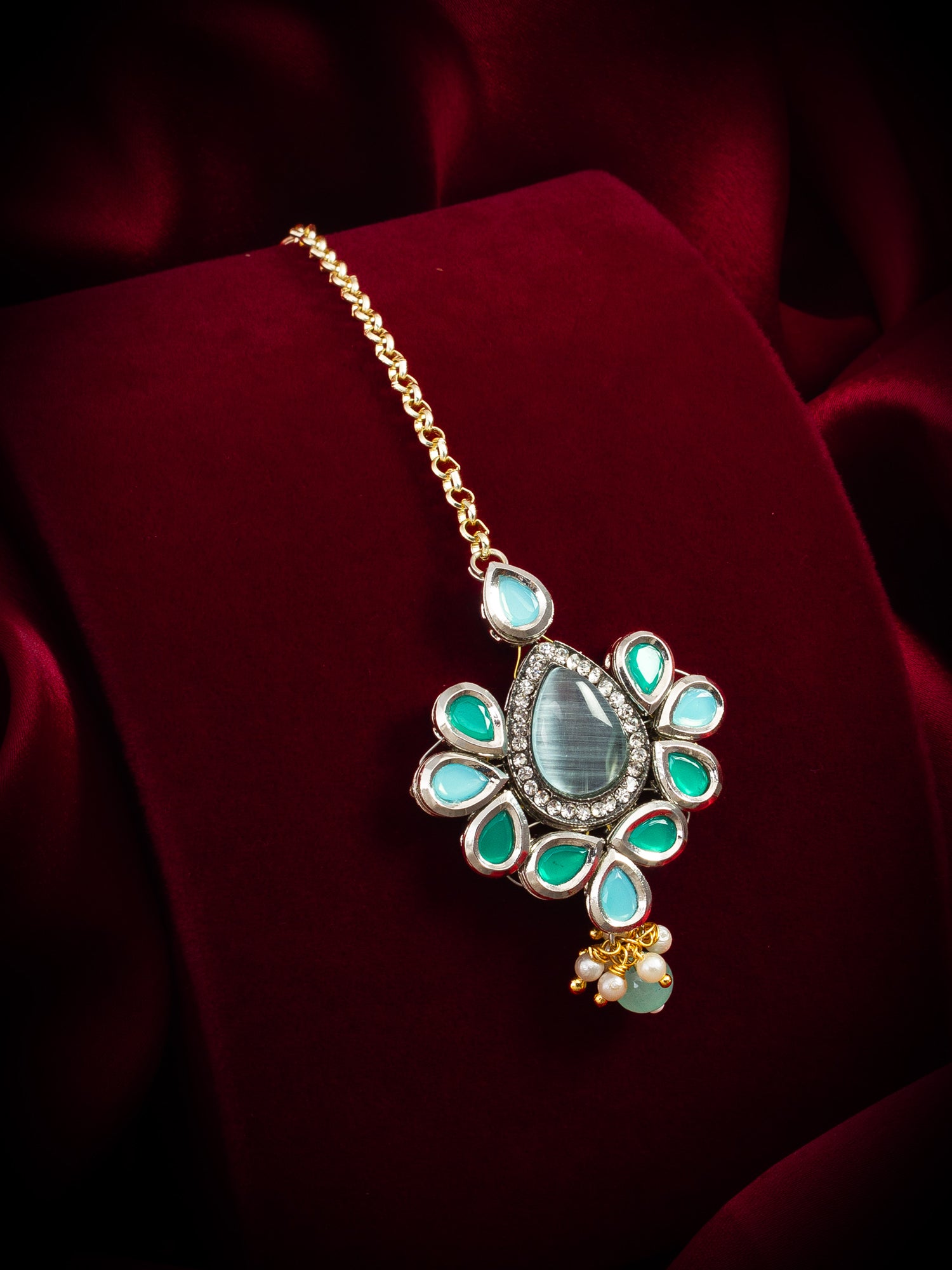 Silver-Toned Oxidized Maang Tikka with Teal and Emerald Stones and Pearl Drop – View 5 | Aadita Jewelry