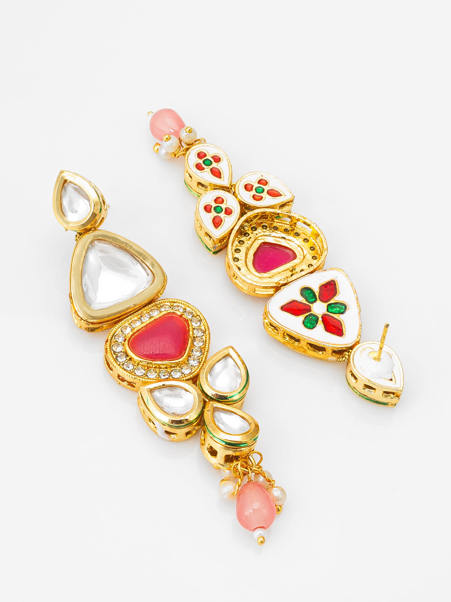 Gold-Plated Stone Long Drop Earrings with Pearl and Bead – View 2 | Aadita Jewelry