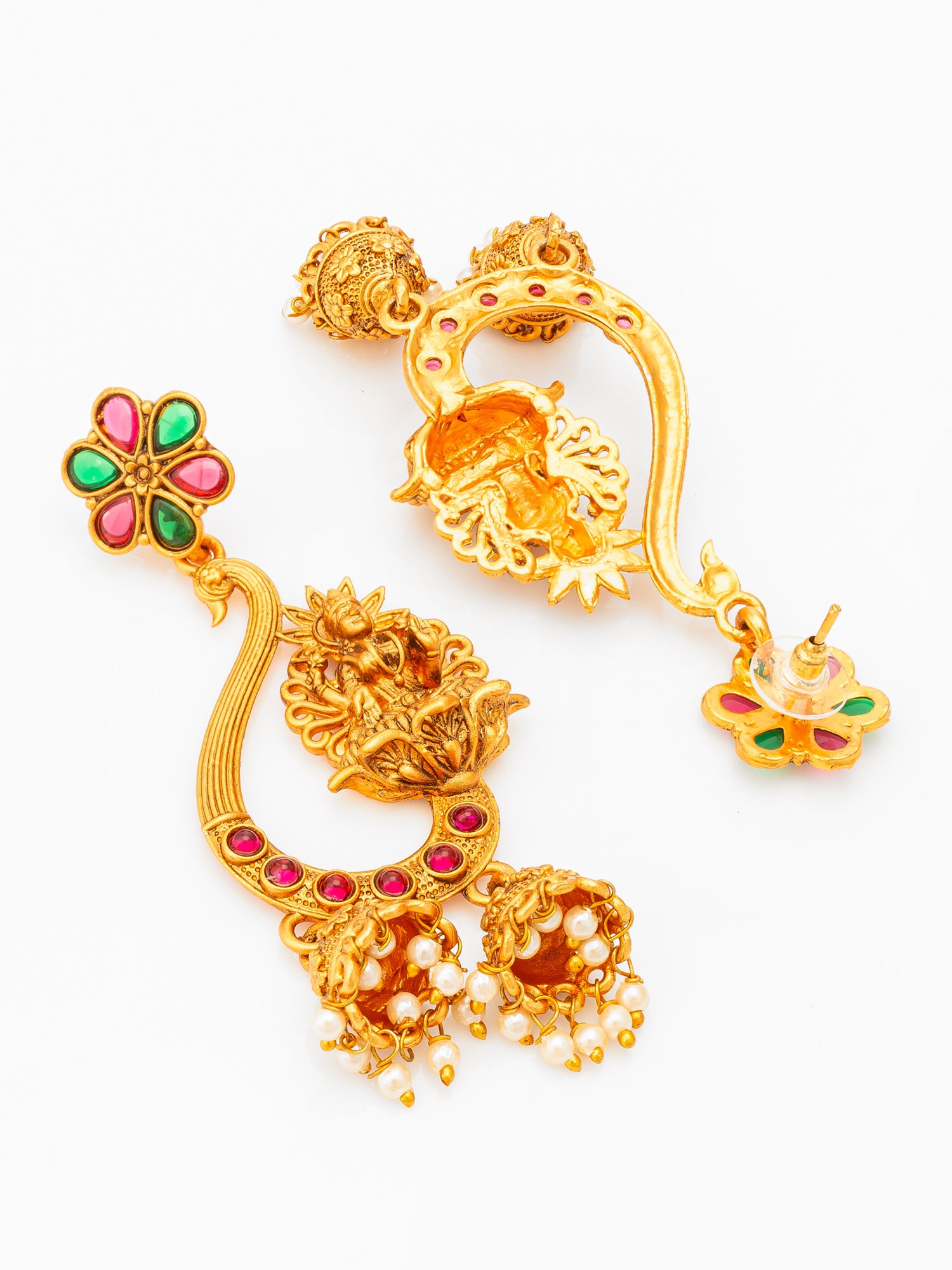 Aadita Temple Lakshmi Chandbali Jhumka Earrings with Stones – View 3 | Aadita Jewelry