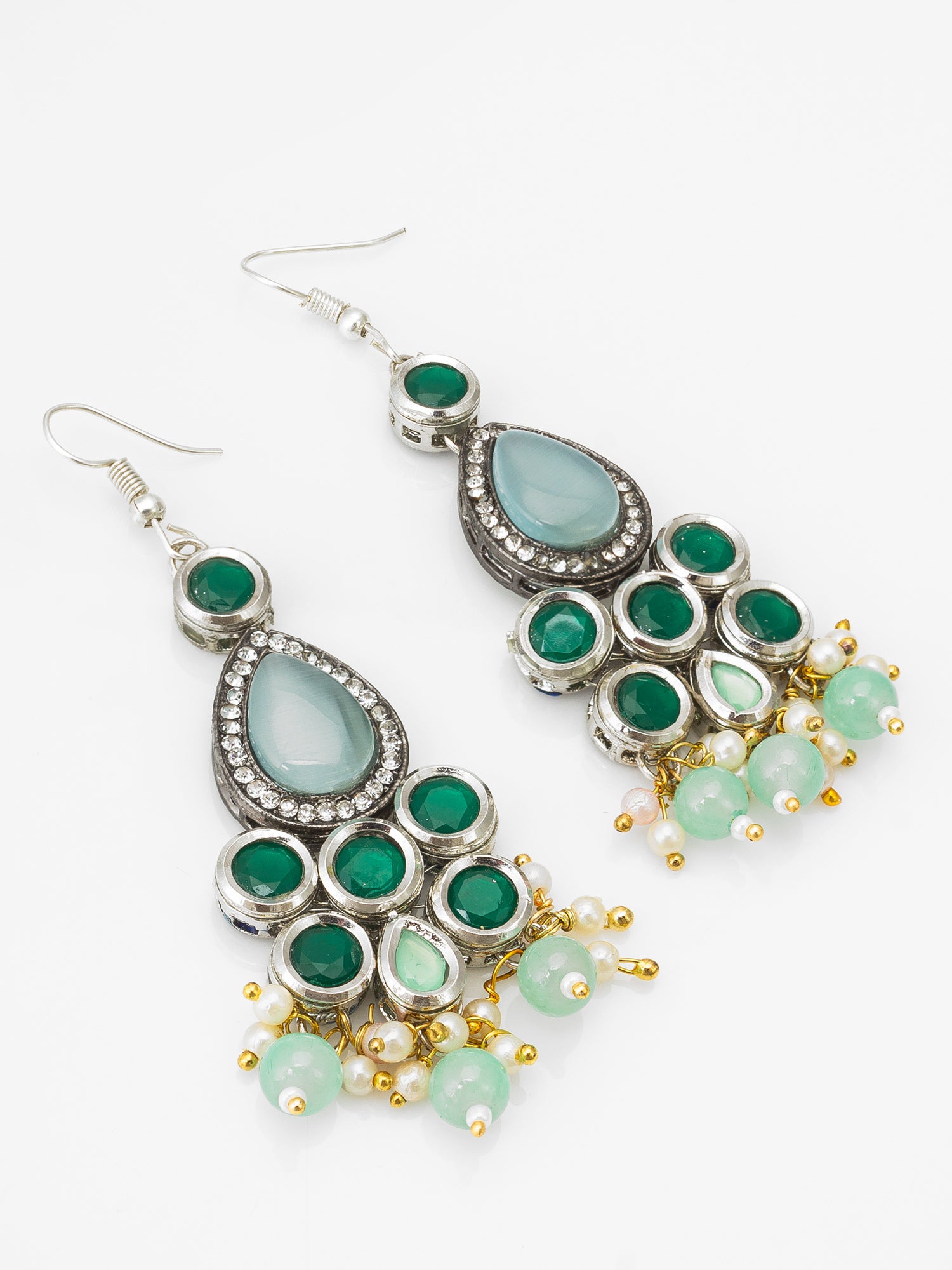 Green Stone Hook Earrings with Pearl and Mint Bead Tassel | Aadita Jewelry