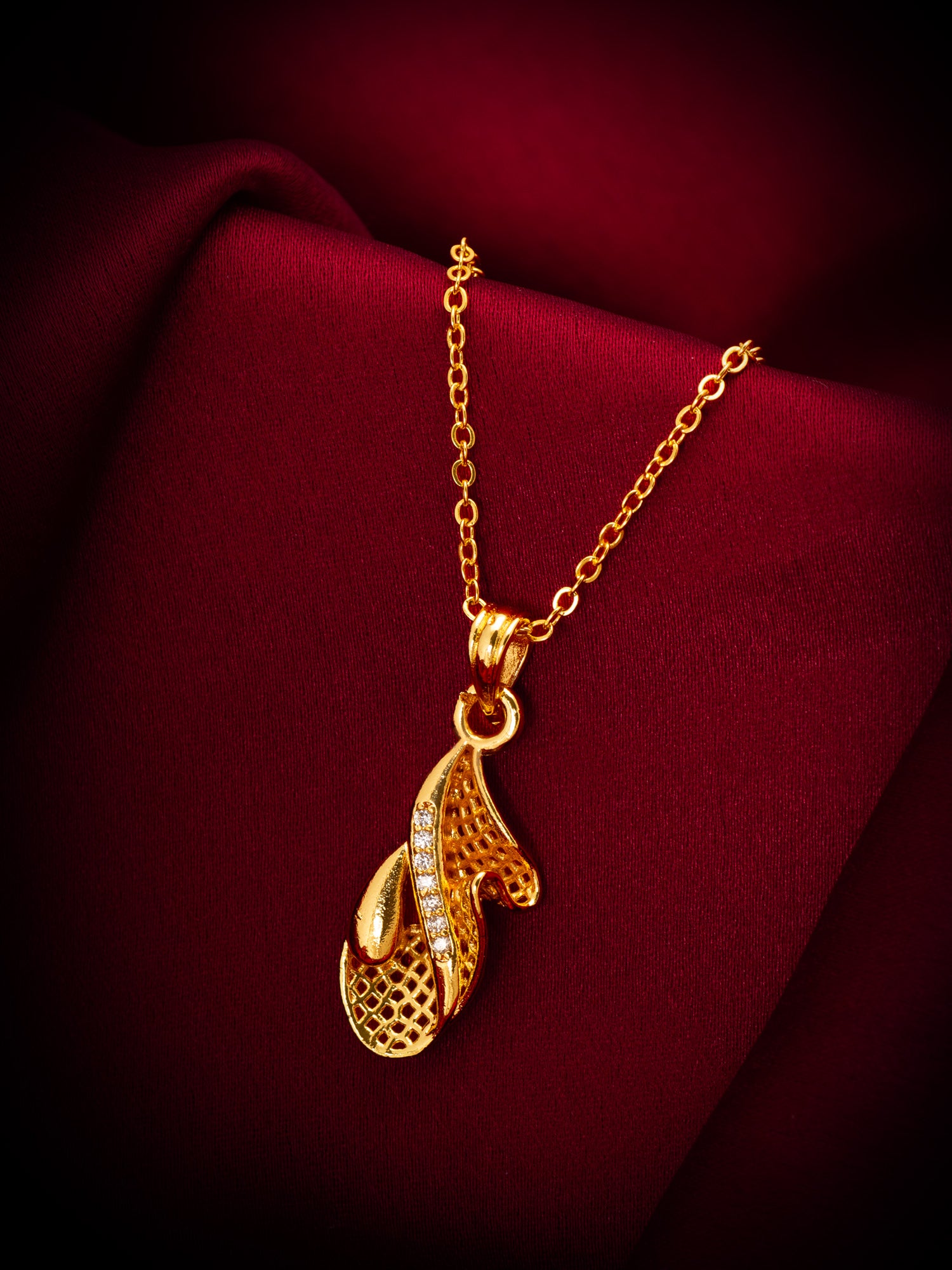 Gold-Tone Leaf Design AD Pendant Necklace – View 4 | Aadita Jewelry
