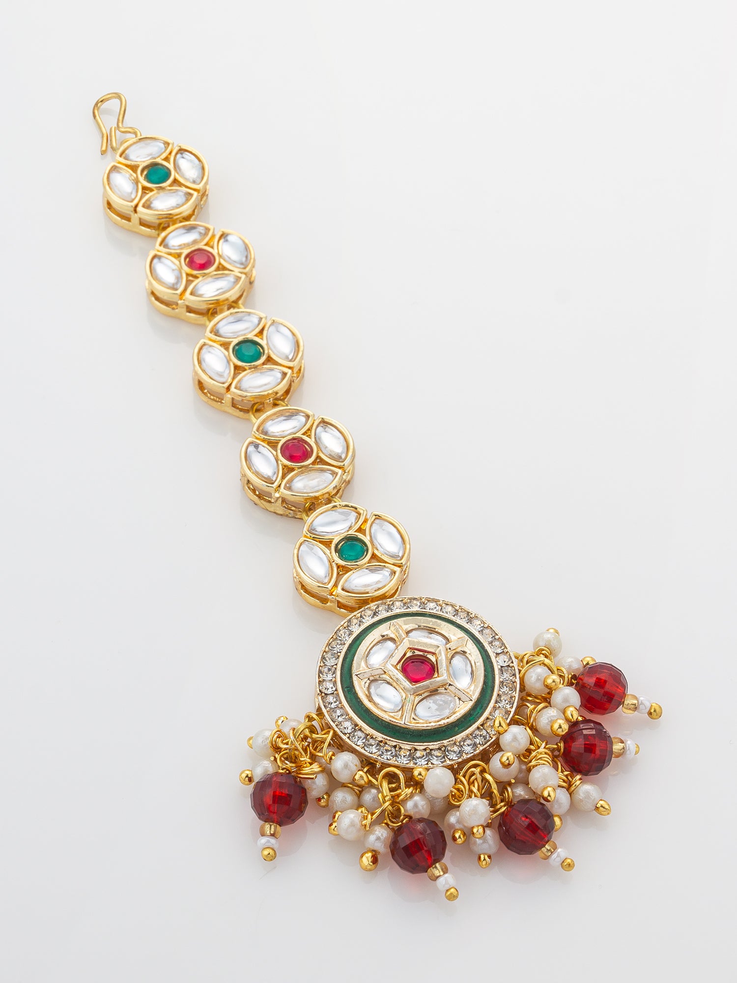 Aadita Gold Plated Linked Kundan Medallion Chain Mangtika with Circular Meenakari Pendant and Garnet Bead Fringe – View 2 | Aadita Jewelry