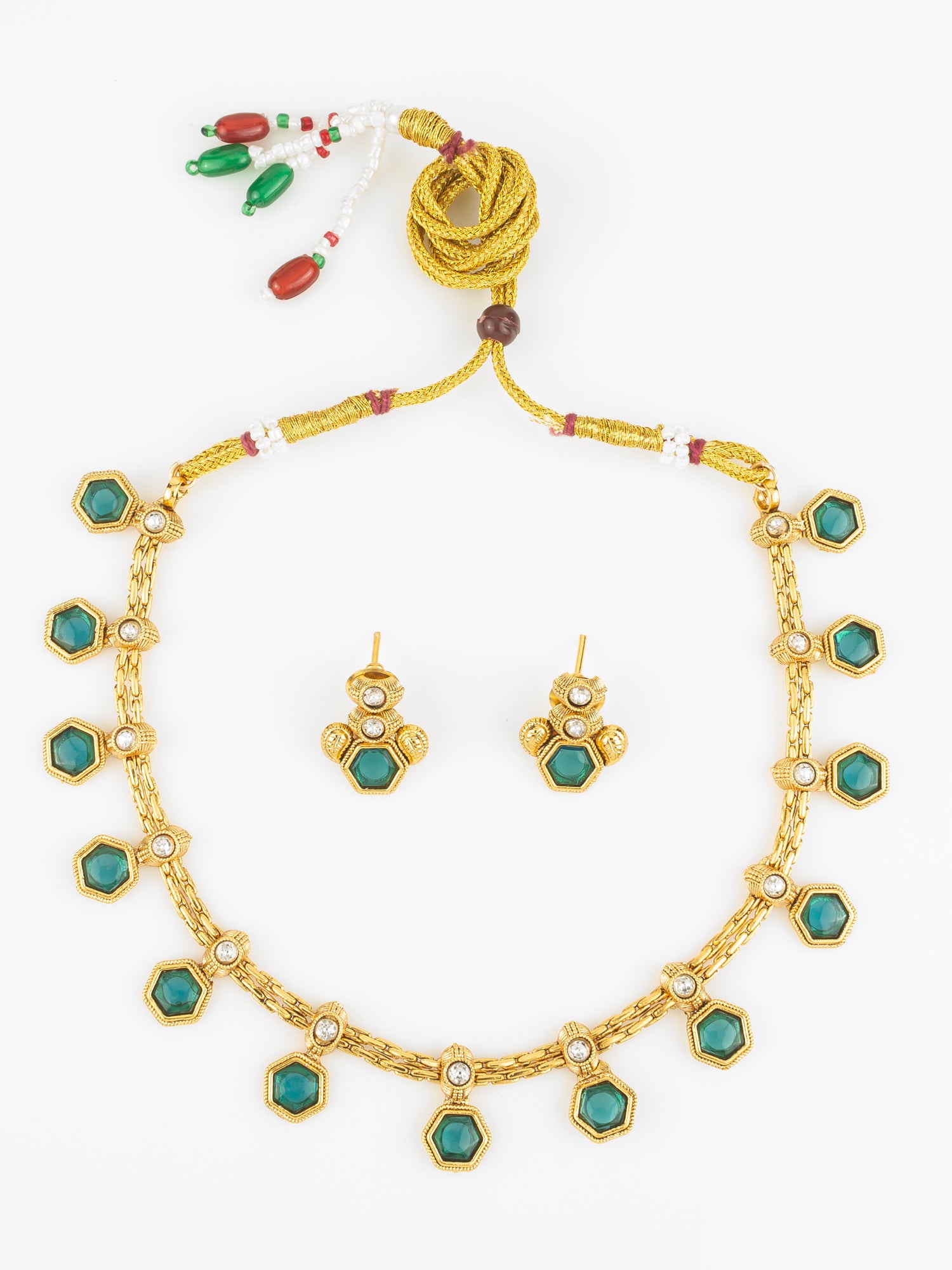 Gold Plated Green Hexagonal Stone Traditional Necklace Set for Women | Aadita Jewelry