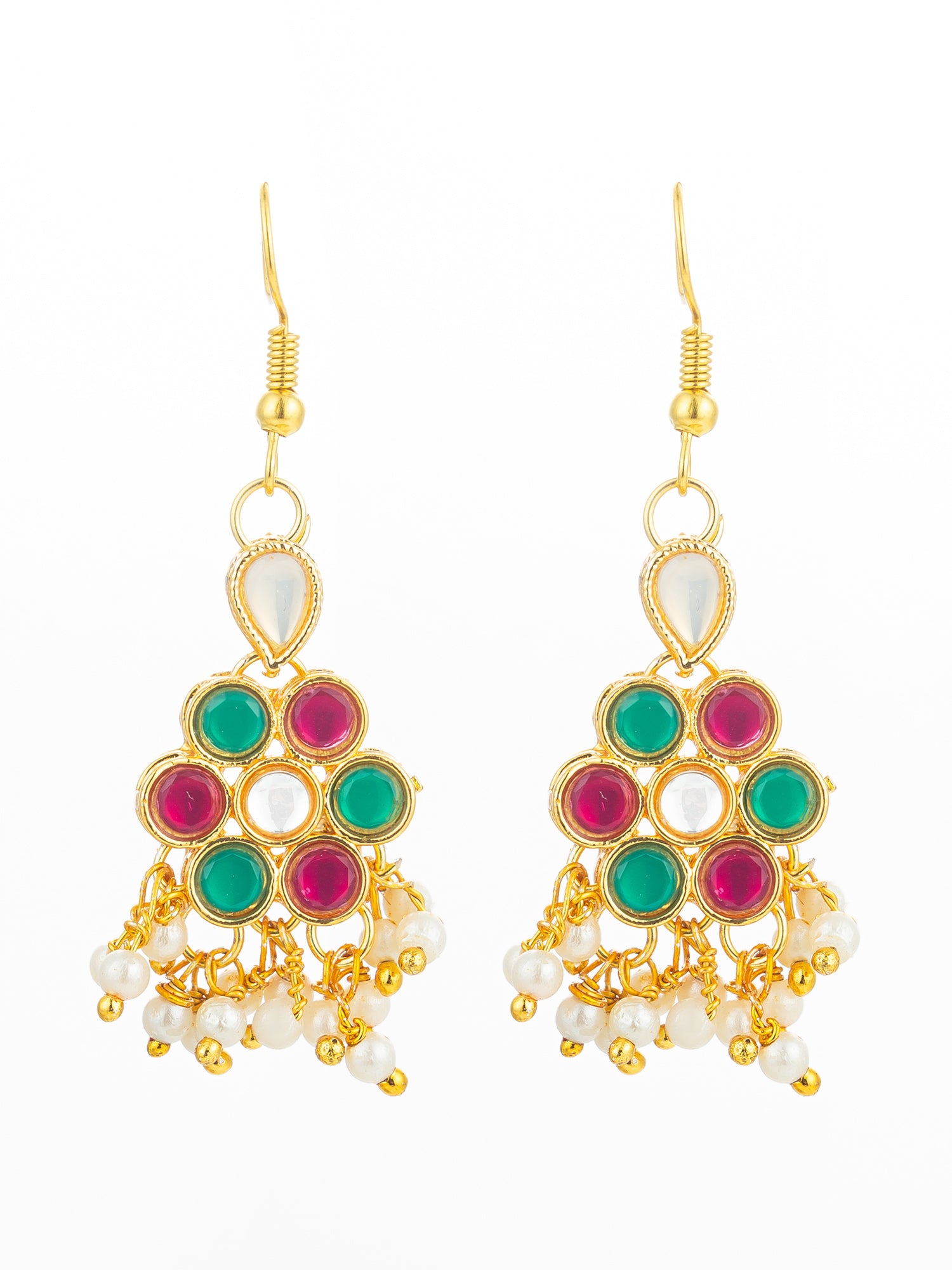 Festive Pink and Green Kundan Cluster Drop Earrings | Aadita Jewelry