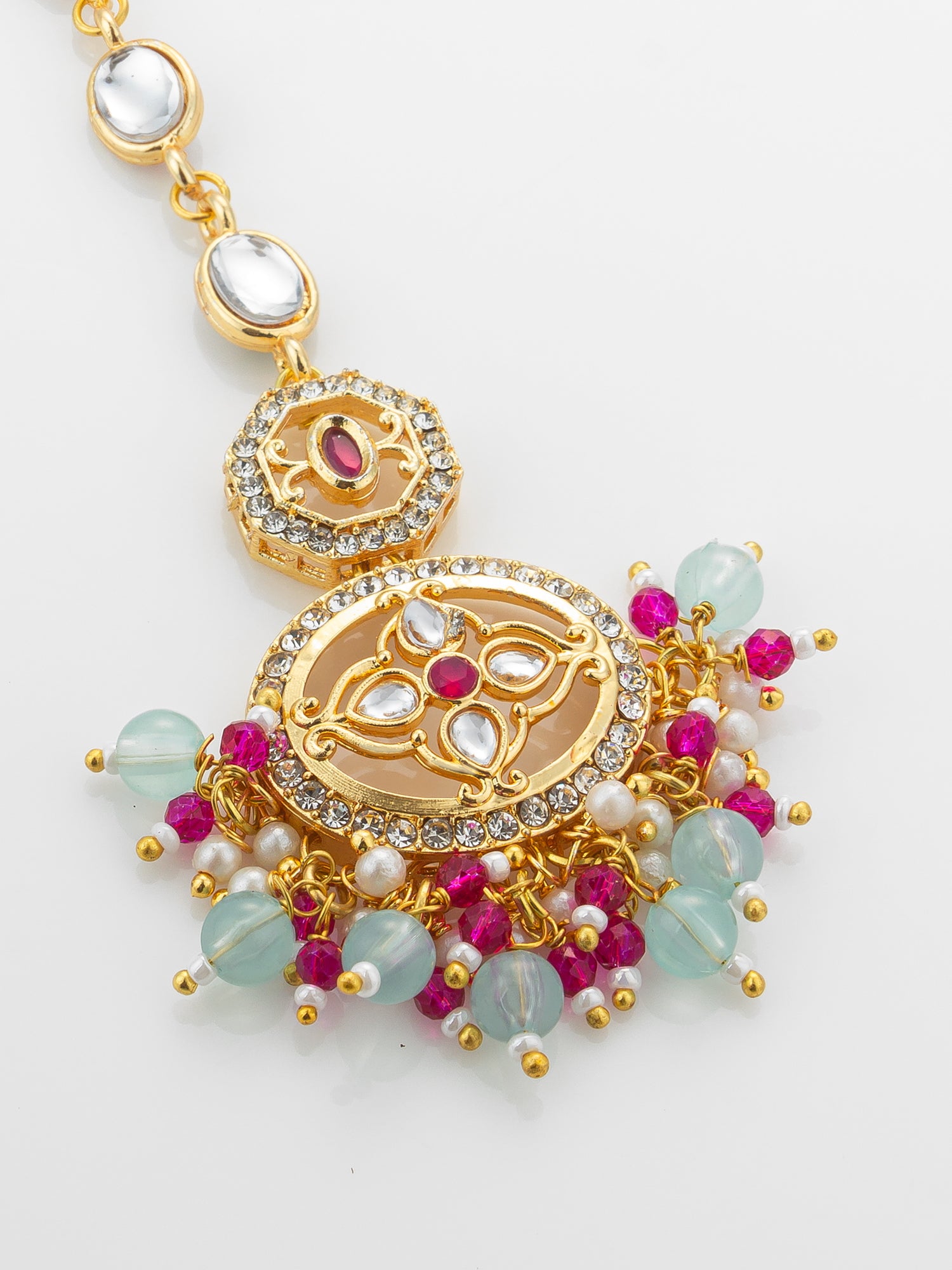 Aadita Gold Plated Oval Kundan Chain Mangtika with Double Disc Pendant and Mixed Bead Fringe – View 3 | Aadita Jewelry