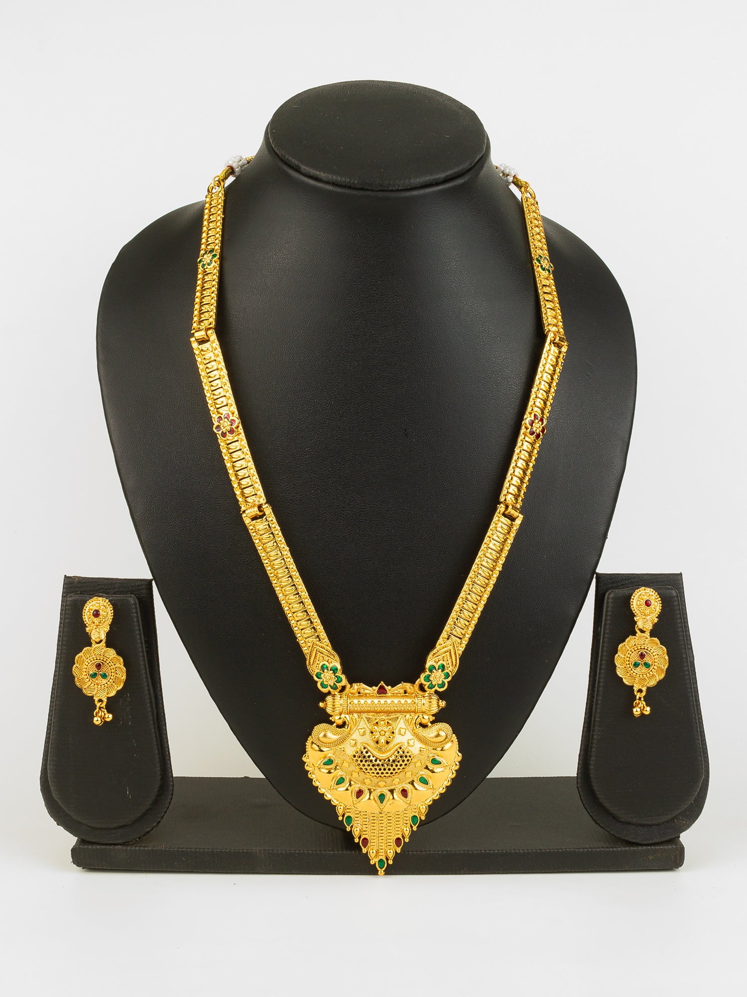 Gold Plated Traditional South Indian Long Necklace Set with Kemp Stones for Women – View 5 | Aadita Jewelry