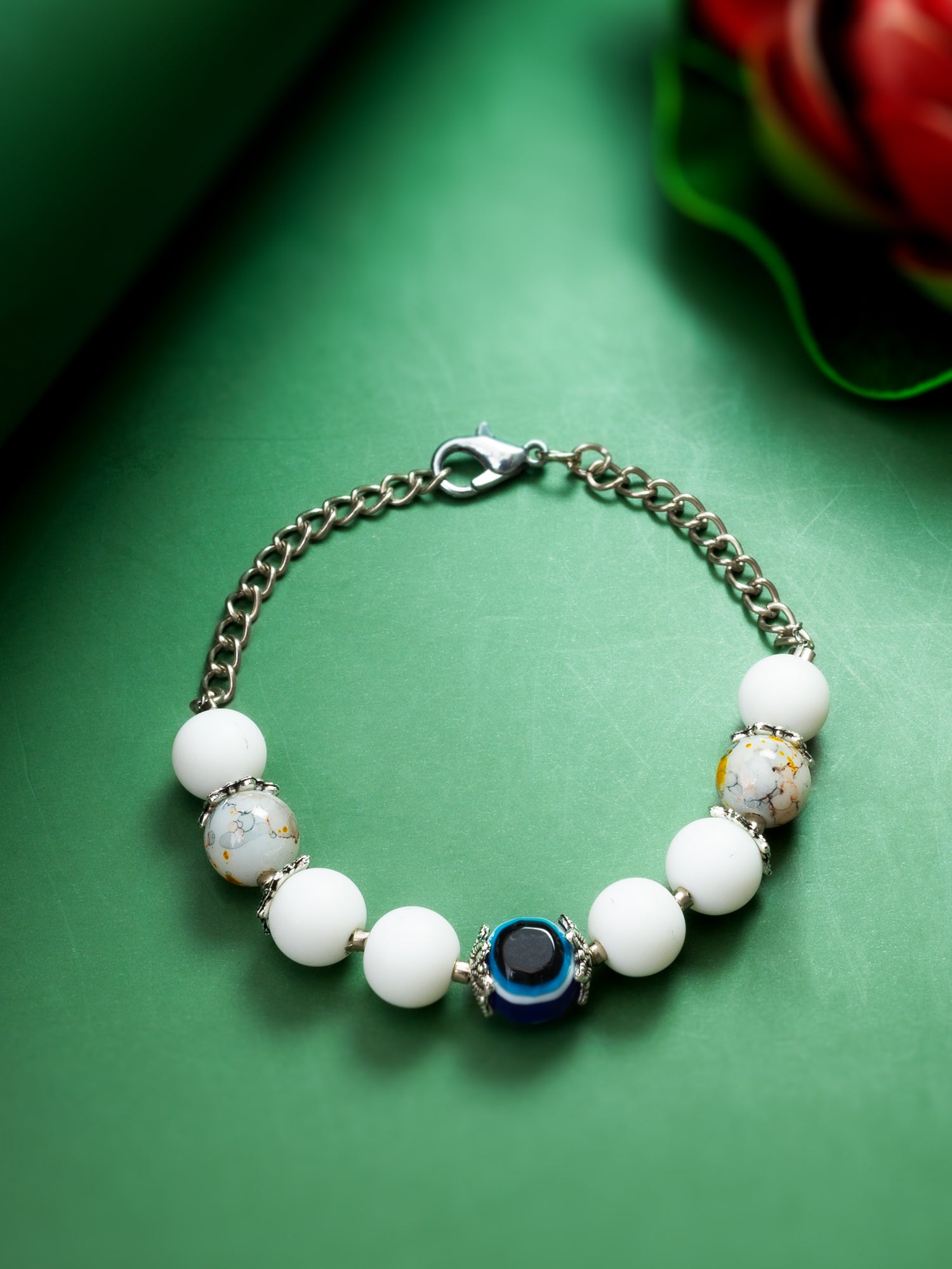 White Beaded Evil Eye Bracelet with Marble Stone – View 3 | Aadita Jewelry
