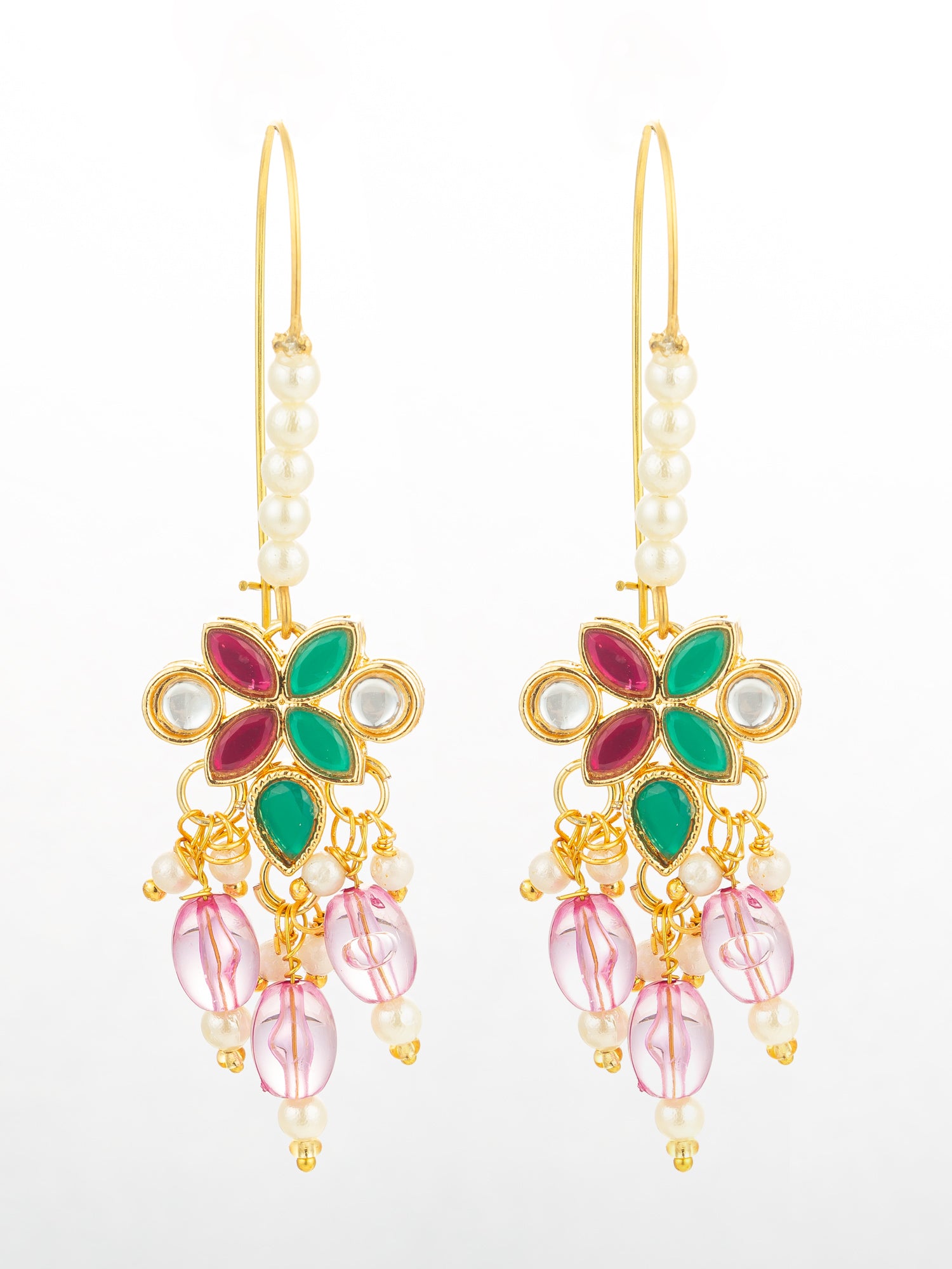 Floral Multi-Stone Drop Earrings with Pink Beads | Aadita Jewelry