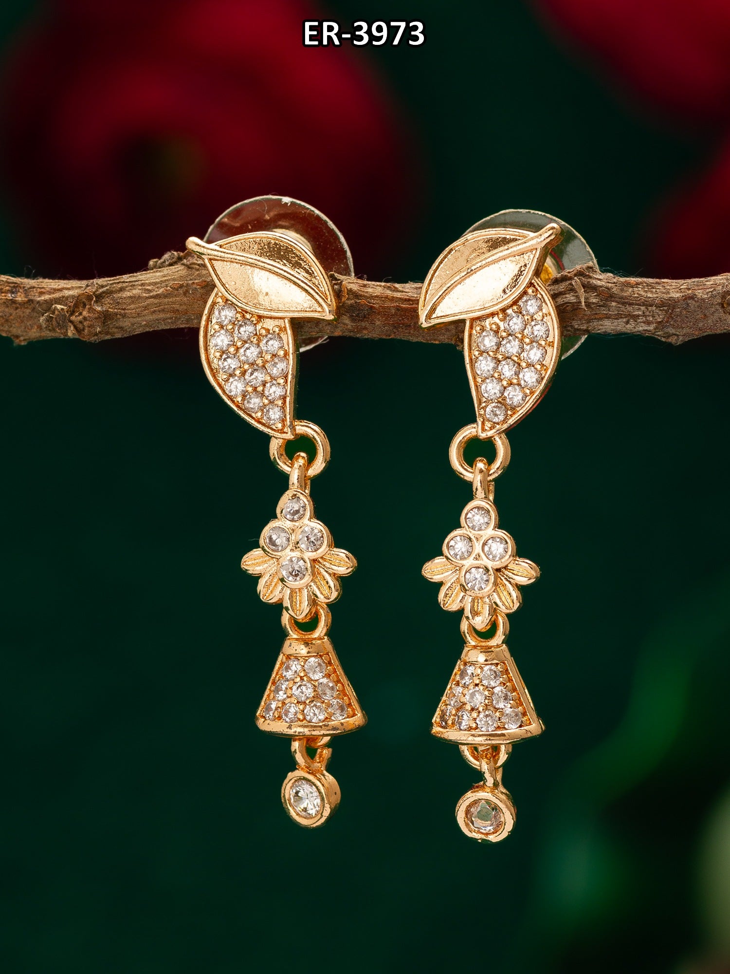 Leaf Motif American Diamond Drop Earrings – View 5 | Aadita Jewelry