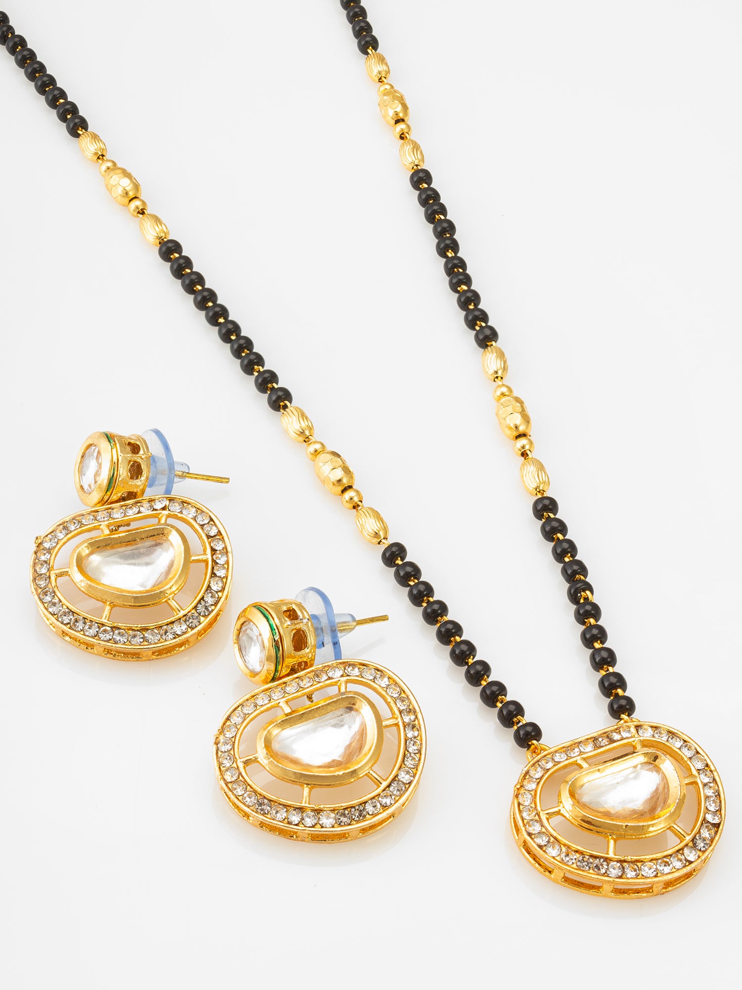 Kundan Mangalsutra Set with  Polki Pendant and Crystal Studded Circular Earrings – View 2 | Aadita Jewelry