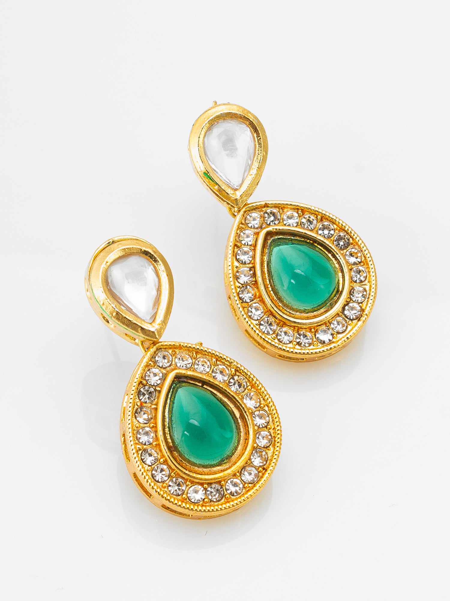 Gold-Plated Stud Earrings with Green Stone and Crystal | Aadita Jewelry