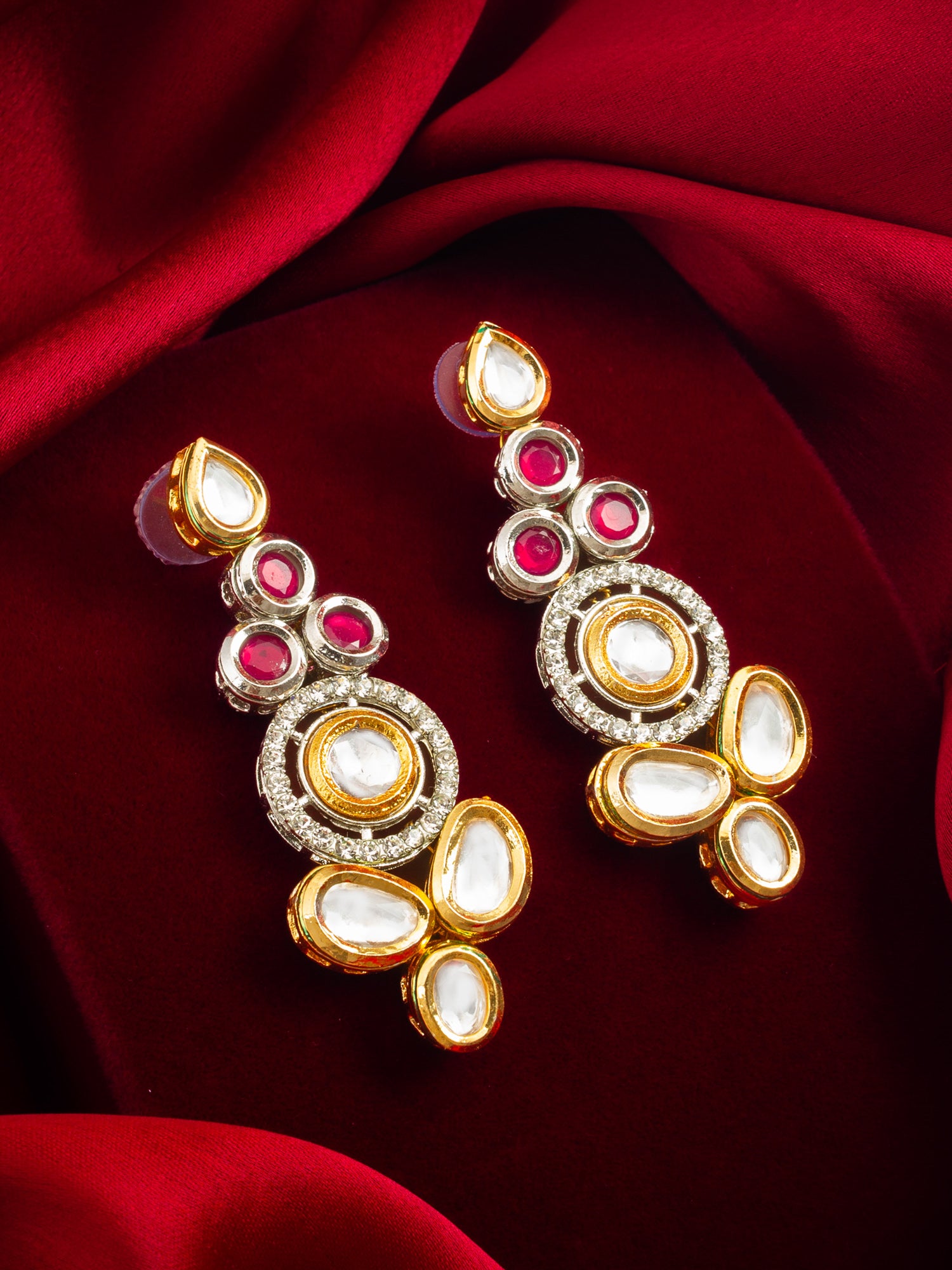 Dual-Tone Ruby Red and Kundan Studded Traditional Dangler Earrings – View 4 | Aadita Jewelry