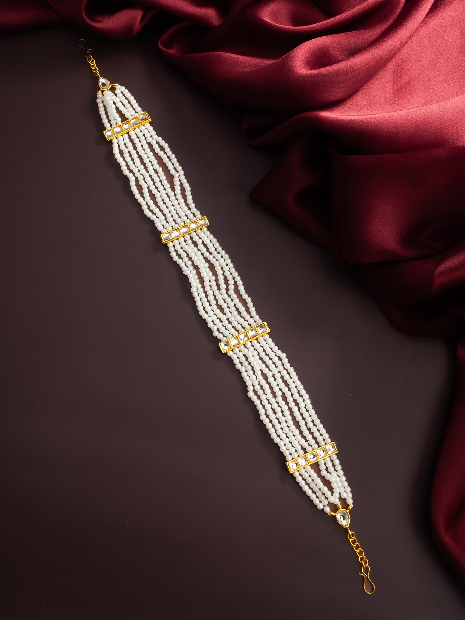 Gold-Plated White Kundan Pearl Multistrand Matha Patti – View 5 | Aadita Jewelry