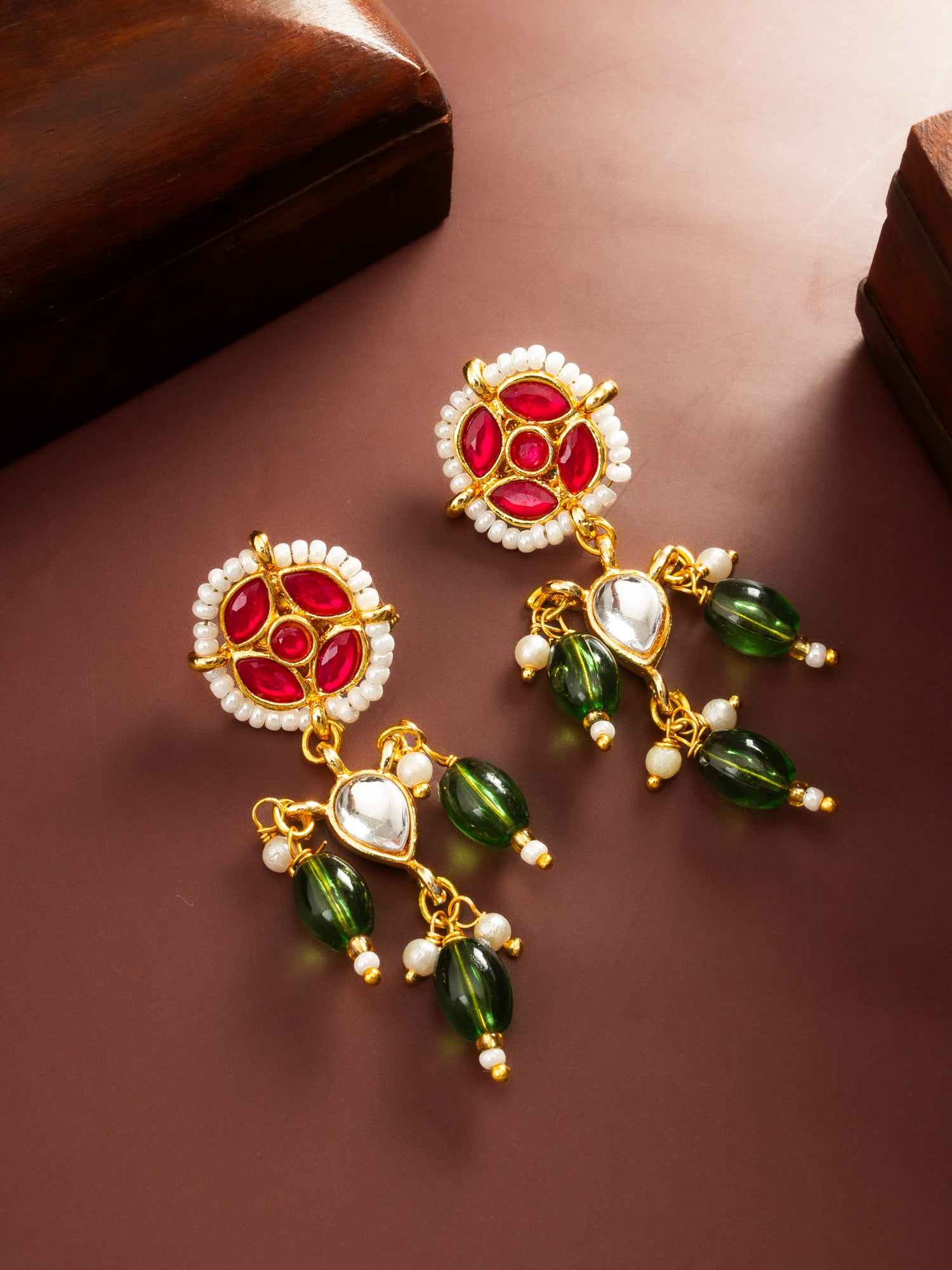 Aadita Red Green Kundan Drop Earrings – View 5 | Aadita Jewelry