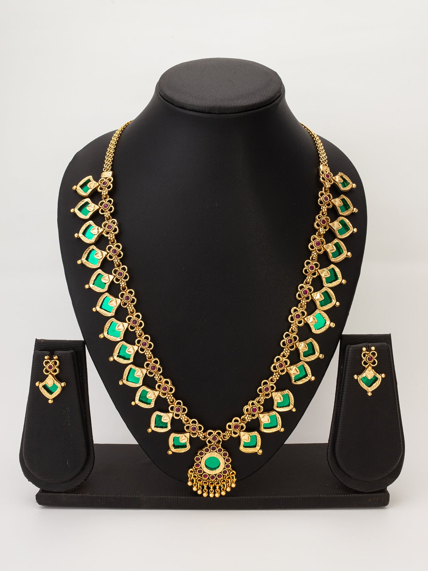 Gold-Tone Green Stone Floral Necklace Set with Stud Earrings – View 3 | Aadita Jewelry