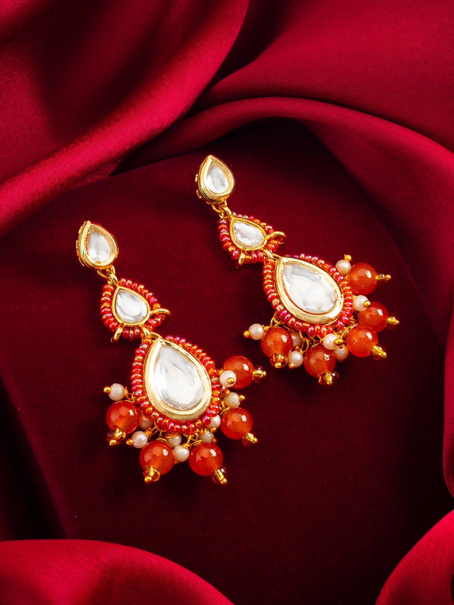 Orange Kundan Drop Earrings with Beads and Pearl – View 4 | Aadita Jewelry