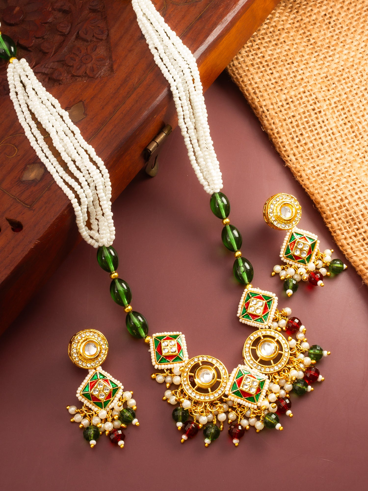 Gold Plated Square Kundan Multi-Color Pearl Necklace Set – View 5 | Aadita Jewelry