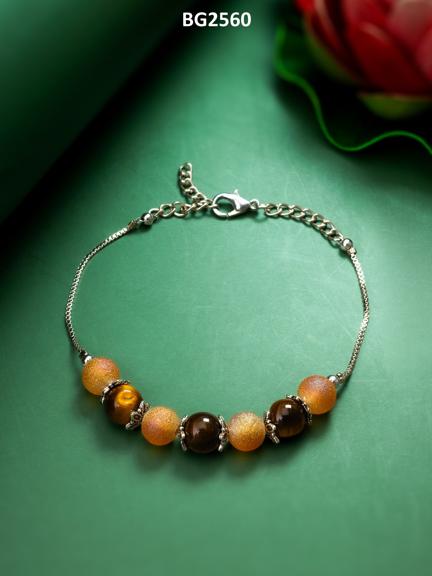 Peach Frosted Bead Bracelet with Silver Box Chain – View 4 | Aadita Jewelry