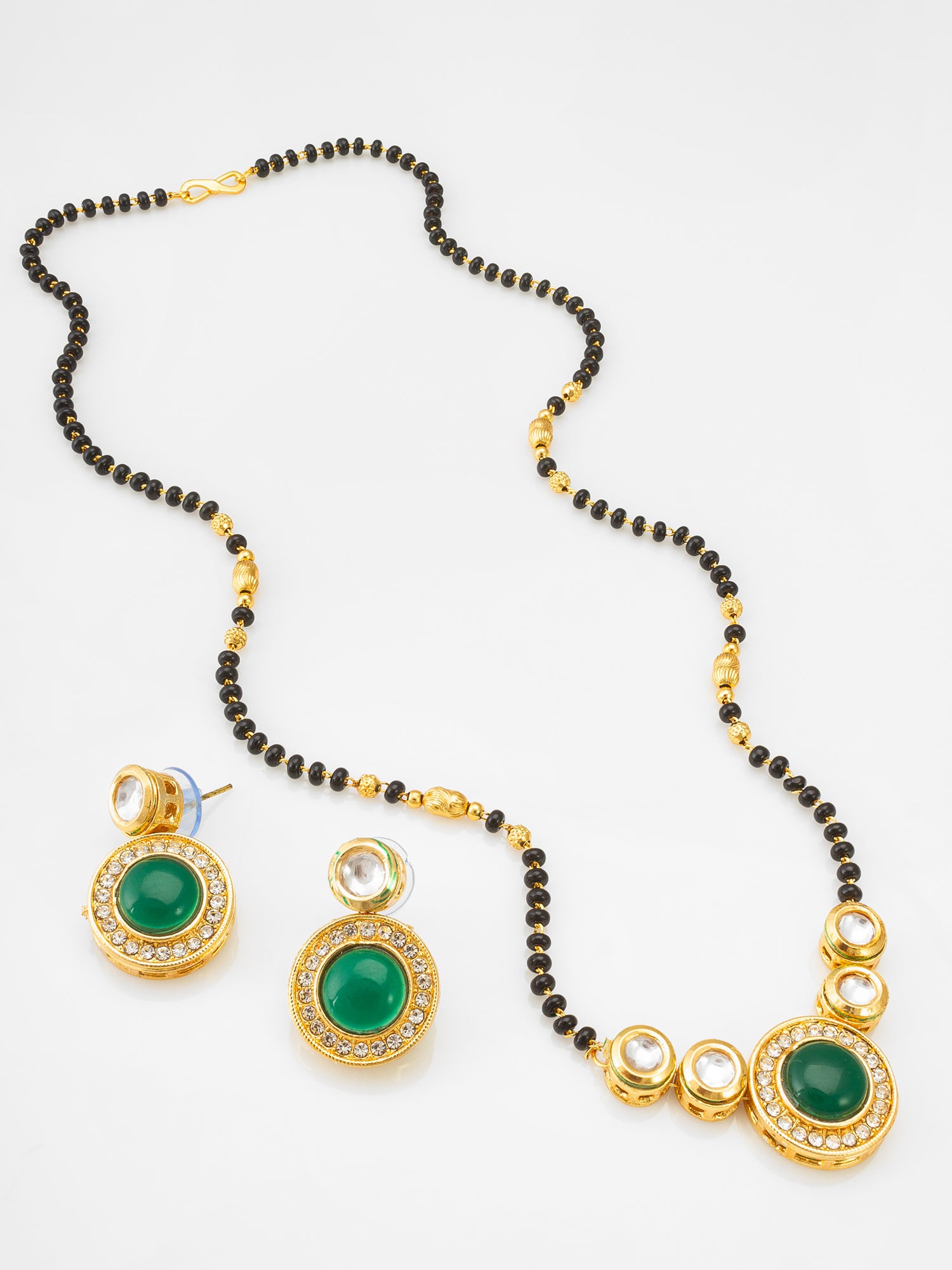 Kundan Mangalsutra Set with Green Stone Circular Pendant and Crystal Earrings | Aadita Jewelry