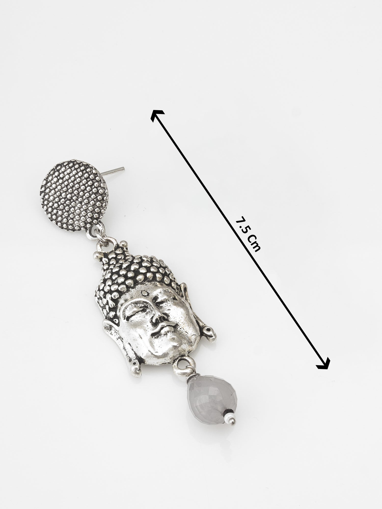 Oxidized Silver Buddha Face Drop Earrings with Grey Stone Pendant – View 3 | Aadita Jewelry
