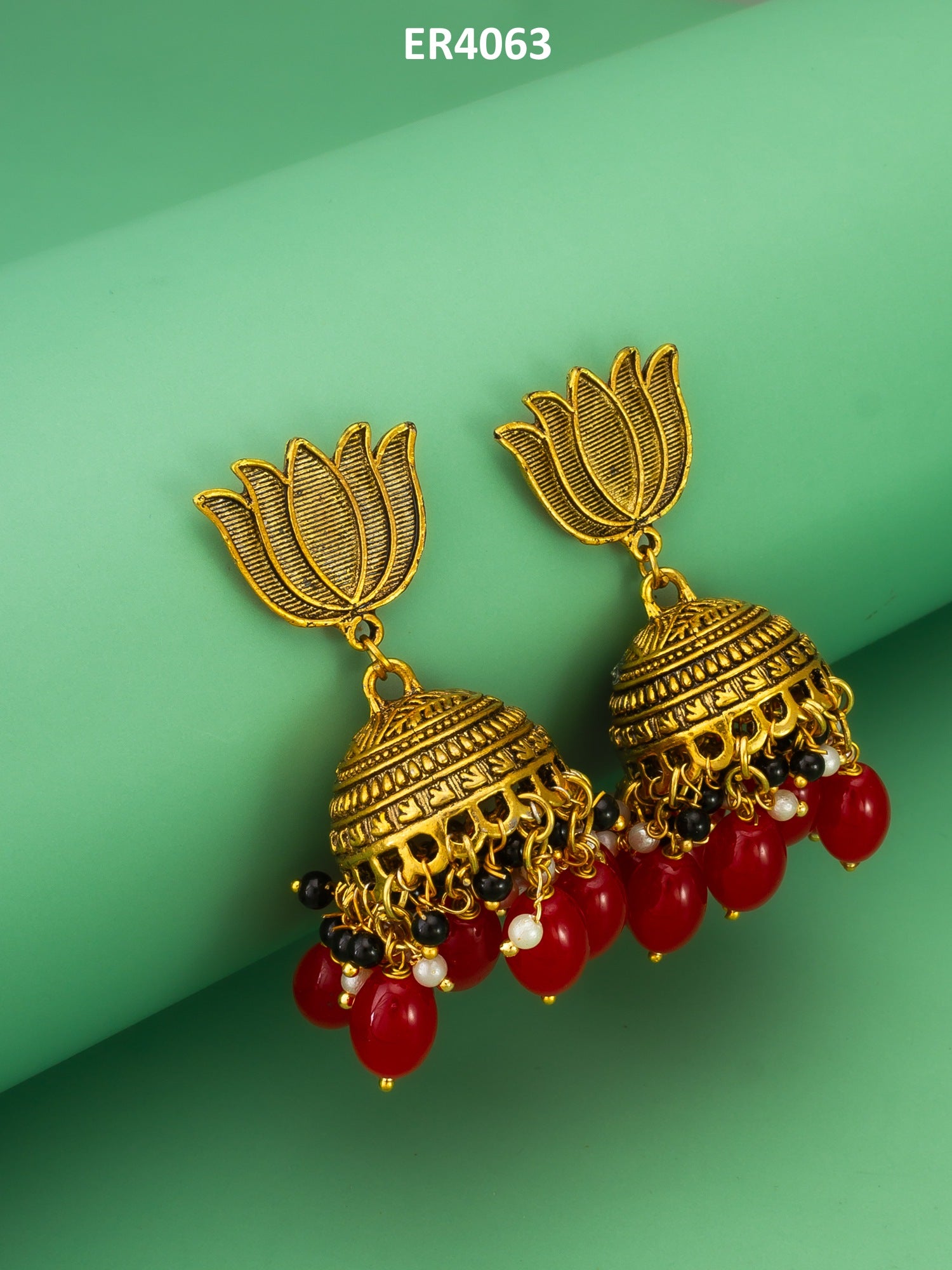 Lotus Top Gold-Plated Red Beaded Jhumka Earrings – View 5 | Aadita Jewelry
