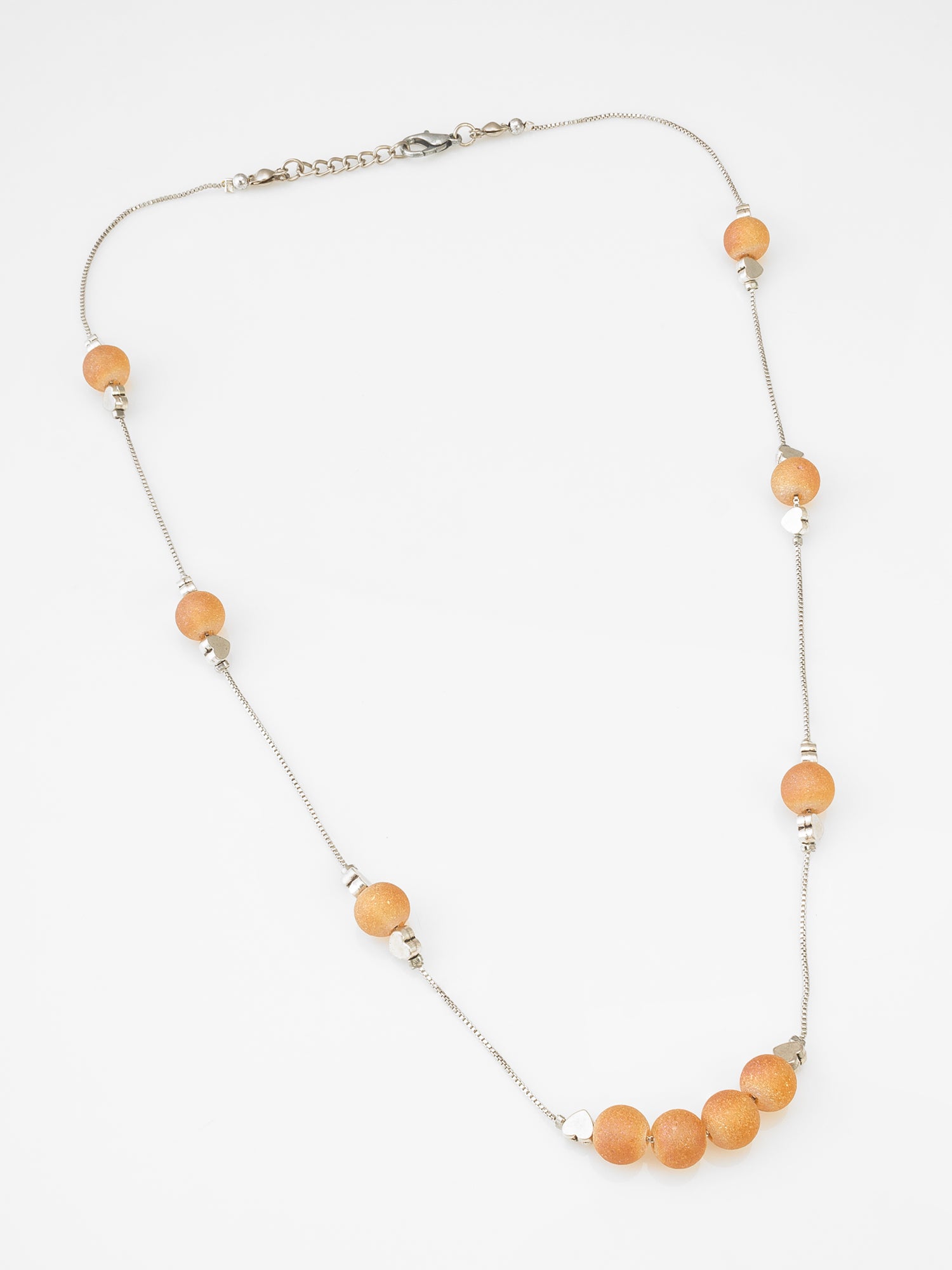 Matte Orange Druzy Bead Station Long Chain Necklace with Silver Spacers | Aadita Jewelry