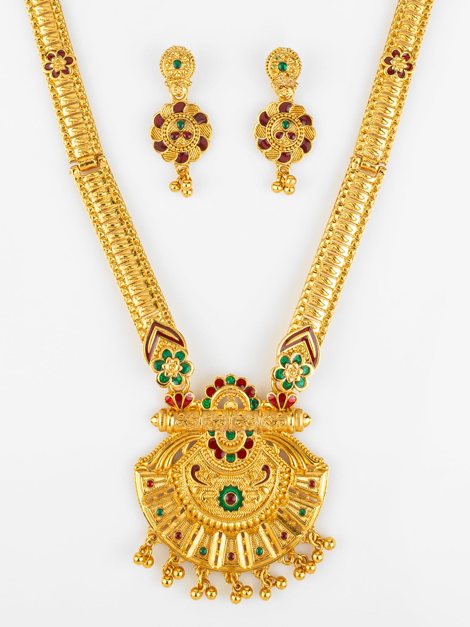 Gold Plated Traditional South Indian Long Necklace Set with Kemp Stones for Women – View 4 | Aadita Jewelry