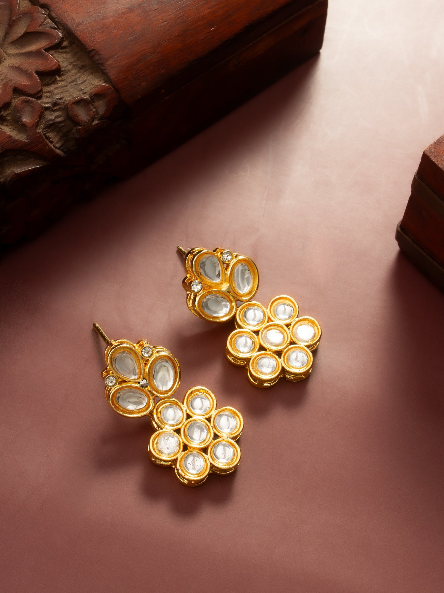 Gold Plated Floral Kundan Stud Earrings – View 5 | Aadita Jewelry