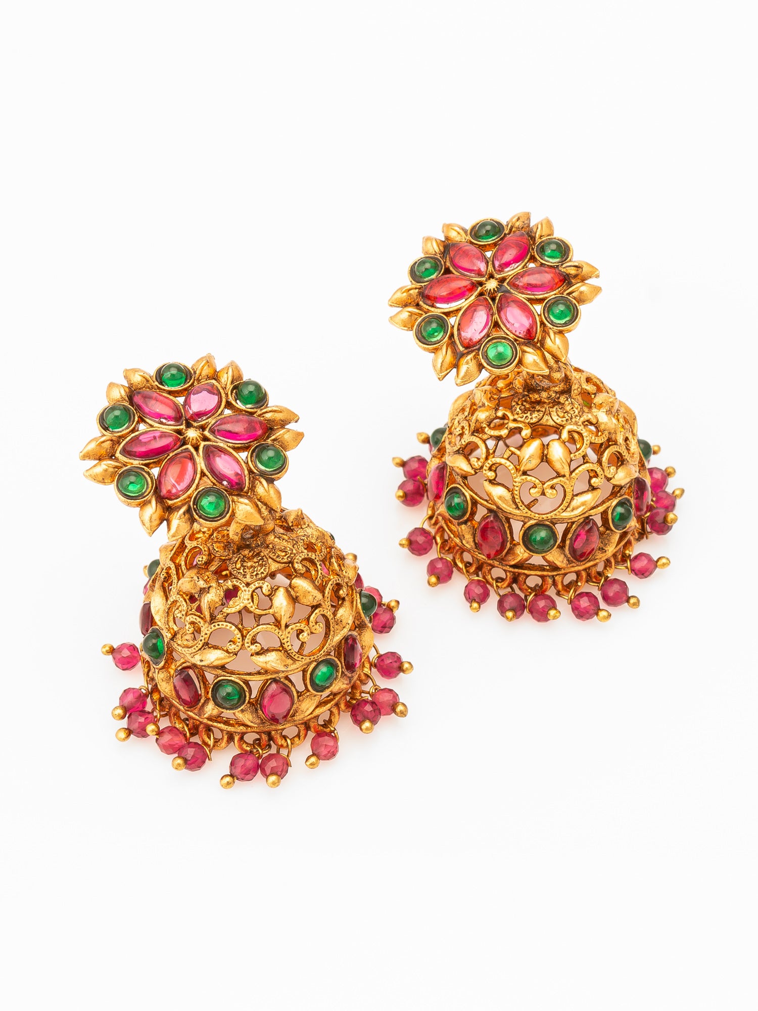 Aadita Traditional Gold-Tone Kundan Jhumka Earrings with Pink and Green Stones – View 2 | Aadita Jewelry