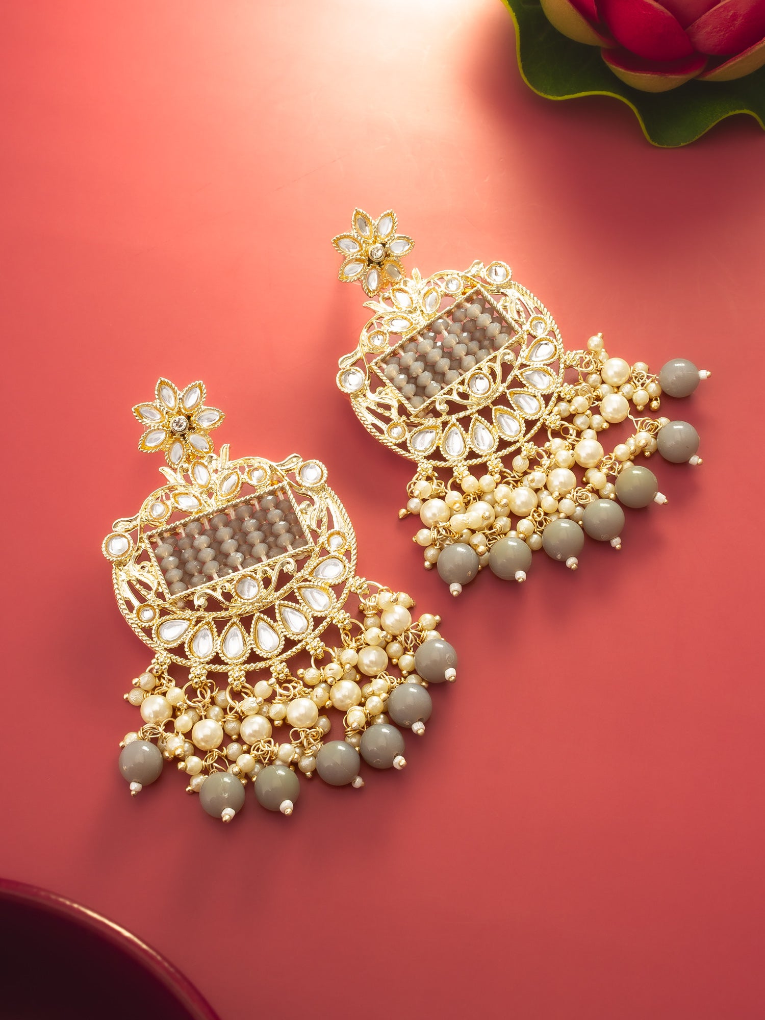 Aadita Gold Plated Grey Beaded Chandelier Earrings – View 5 | Aadita Jewelry