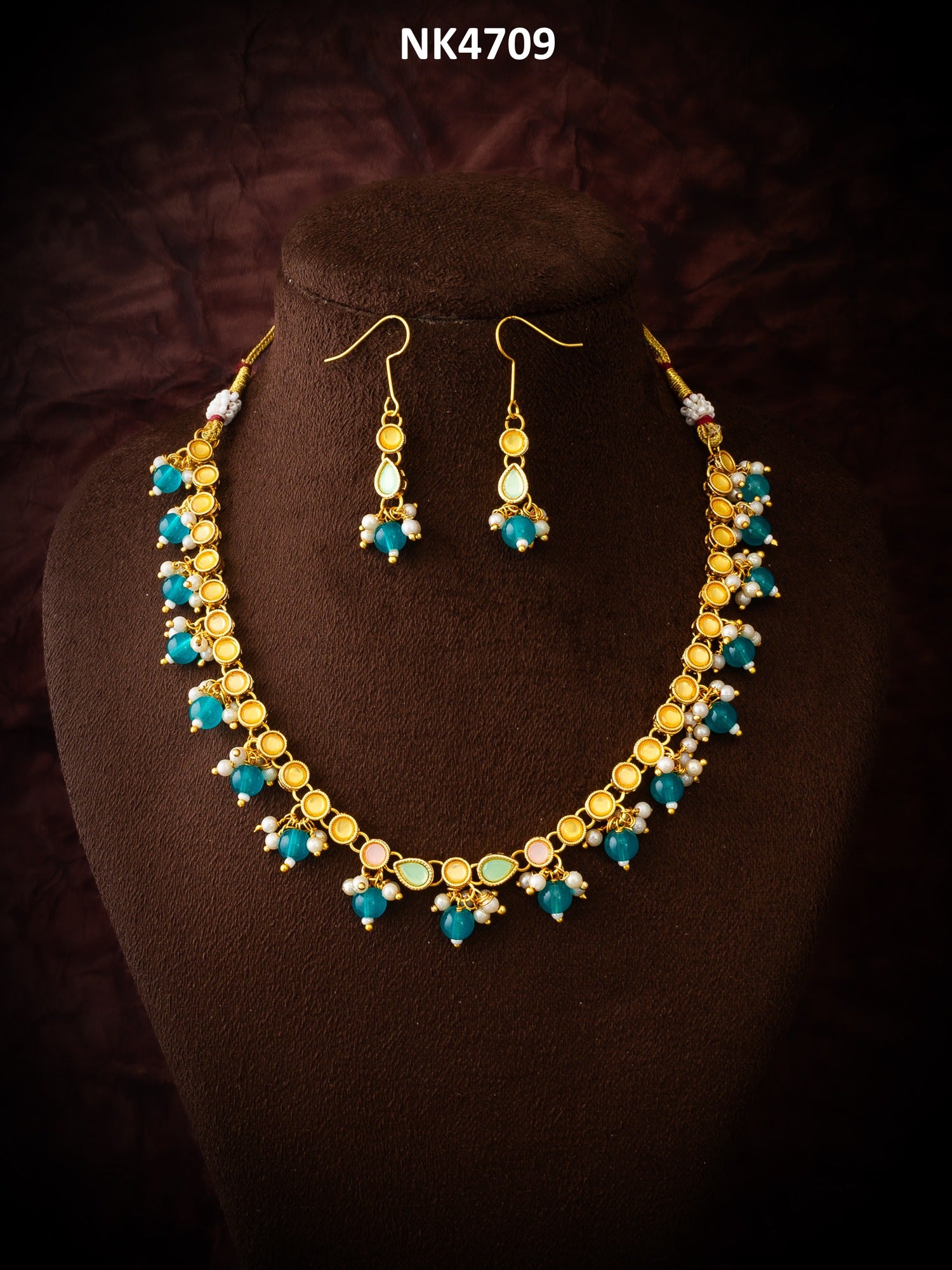Gold Plated Green Beaded Kundan Necklace Set for Women and Girls – View 5 | Aadita Jewelry